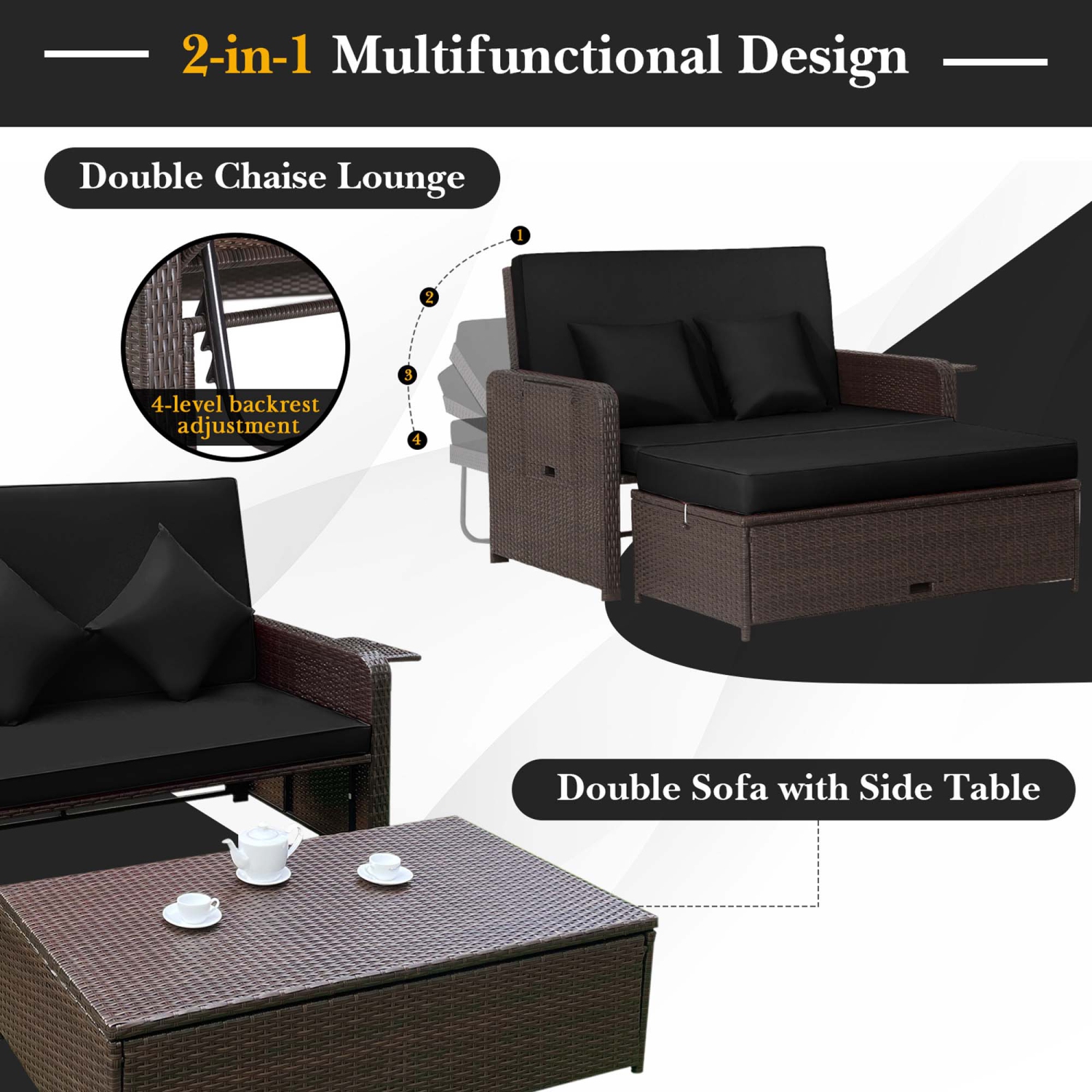 Costway Patio Rattan Daybed Lounge Retractable Top Canopy Side Tables Cushions