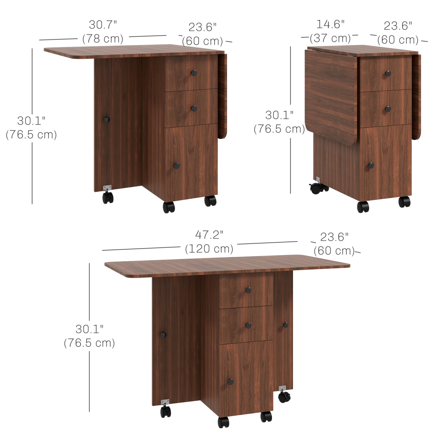 HOMCOM – Table de salle à manger pliable, table de cuisine à roulettes avec tiroirs de rangement et armoire, table à abattant sur roulettes, brun