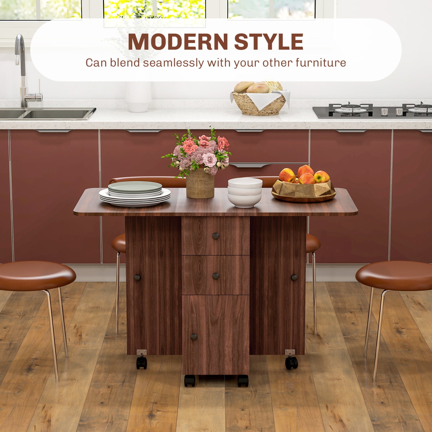 HOMCOM – Table de salle à manger pliable, table de cuisine à roulettes avec tiroirs de rangement et armoire, table à abattant sur roulettes, brun