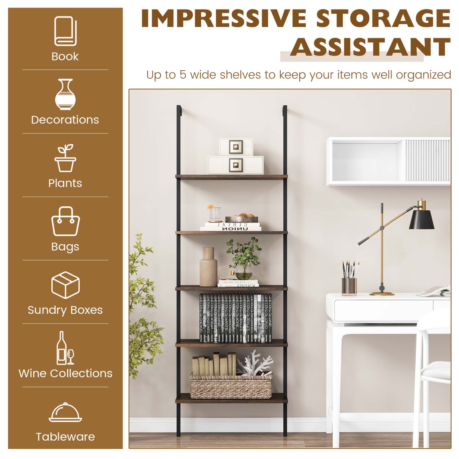 Meuble de rangement mural à 5 niveaux avec étagère en échelle de 71 po 2 PCS de Costway