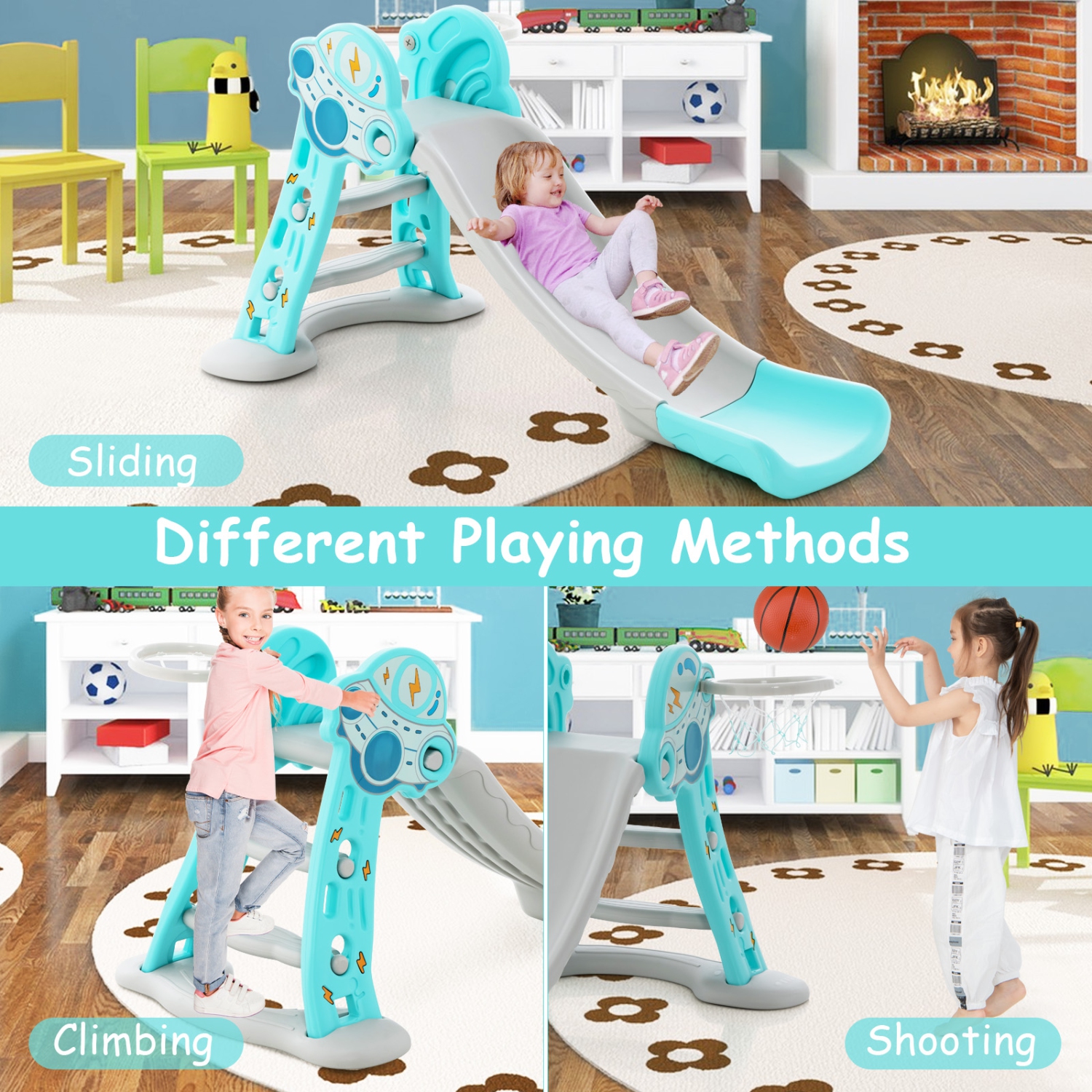 Costway 3-in-1 Kids Indoor Slide with Basketball Hoop & Basketball, Safe Buffer Zone