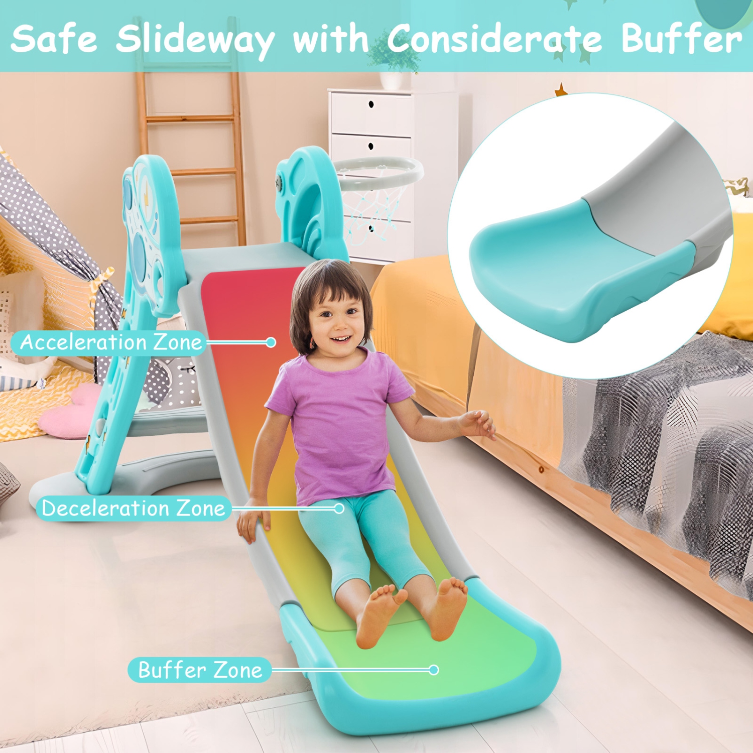 Costway 3-in-1 Kids Indoor Slide with Basketball Hoop & Basketball, Safe Buffer Zone