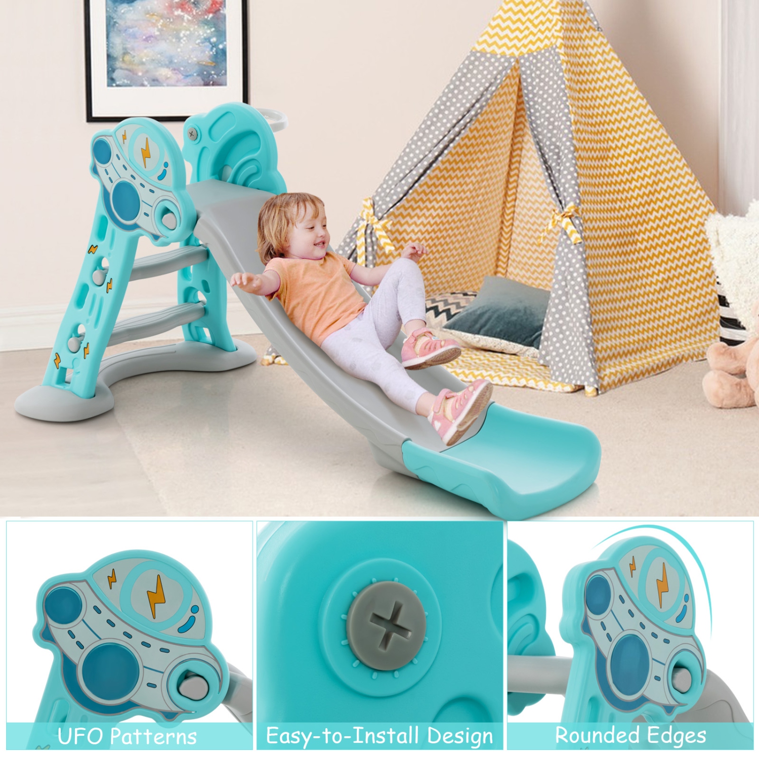 Costway 3-in-1 Kids Indoor Slide with Basketball Hoop & Basketball, Safe Buffer Zone