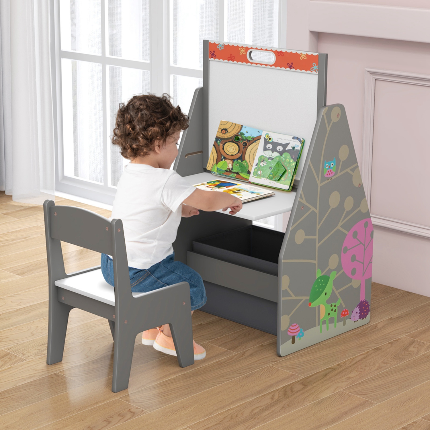 Ensemble avec table et chaises pour enfants avec tableau noir magnétique rotatif et tableau blanc de Costway