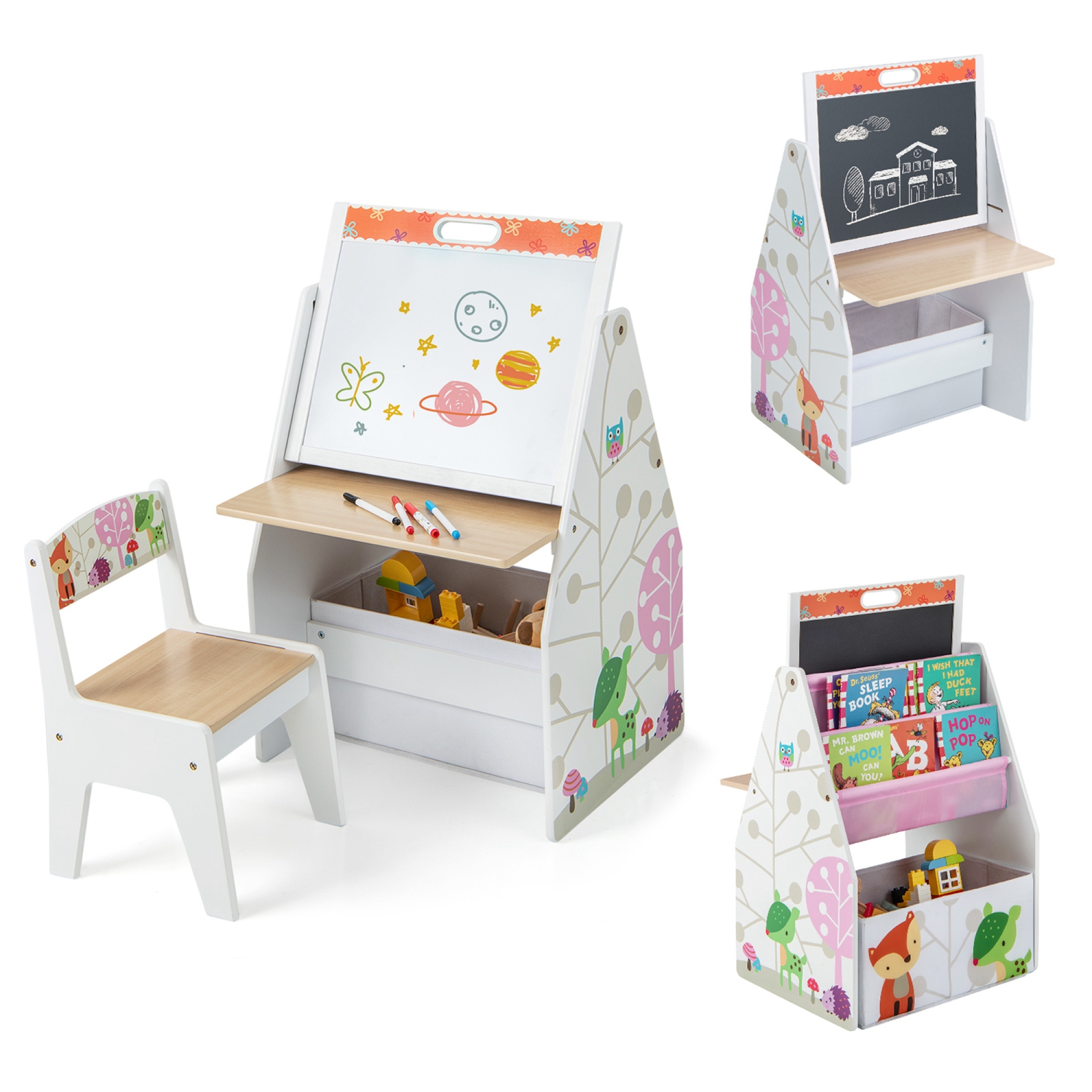 Costway Kids Table & Chair Set with Rotatable Double-sided Magnetic Blackboard & Whiteboard