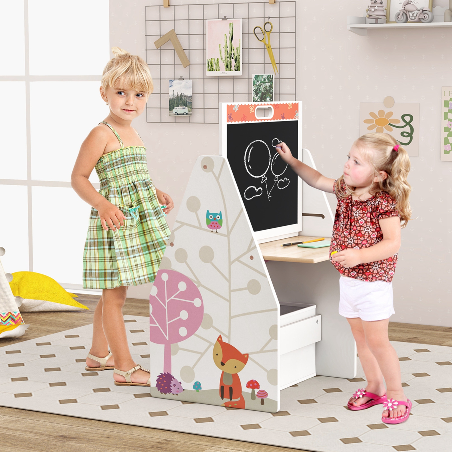 Costway Kids Table & Chair Set with Rotatable Double-sided Magnetic Blackboard & Whiteboard