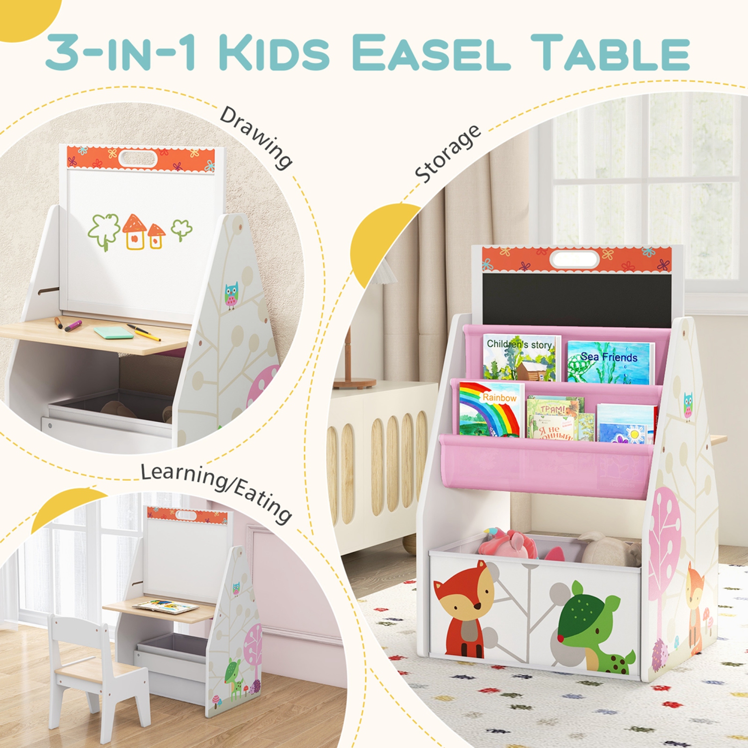 Costway Kids Table & Chair Set with Rotatable Double-sided Magnetic Blackboard & Whiteboard