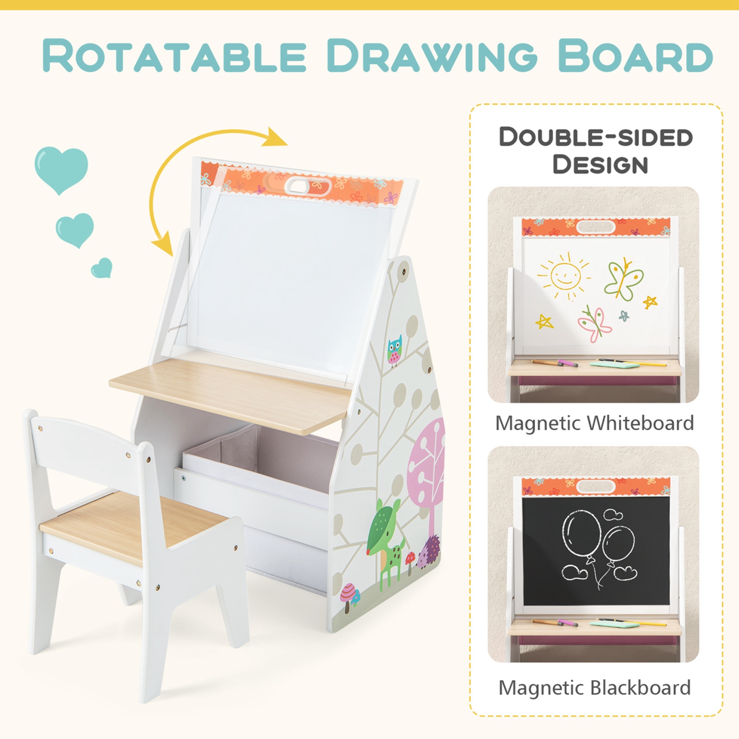 Costway Kids Table & Chair Set with Rotatable Double-sided Magnetic Blackboard & Whiteboard