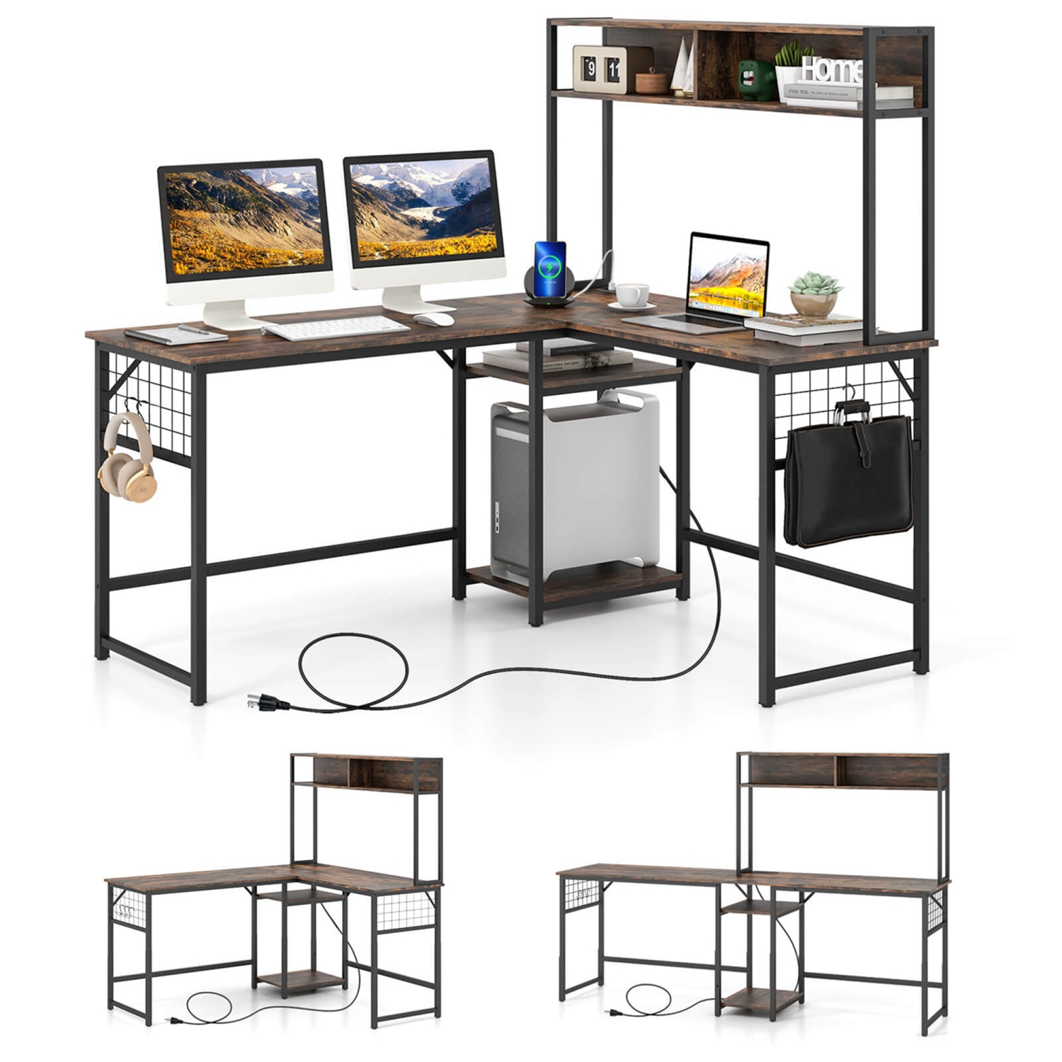 Costway L-shaped Desk with Power Outlet Large Corner Desk Converts to 2-Person Long Desk