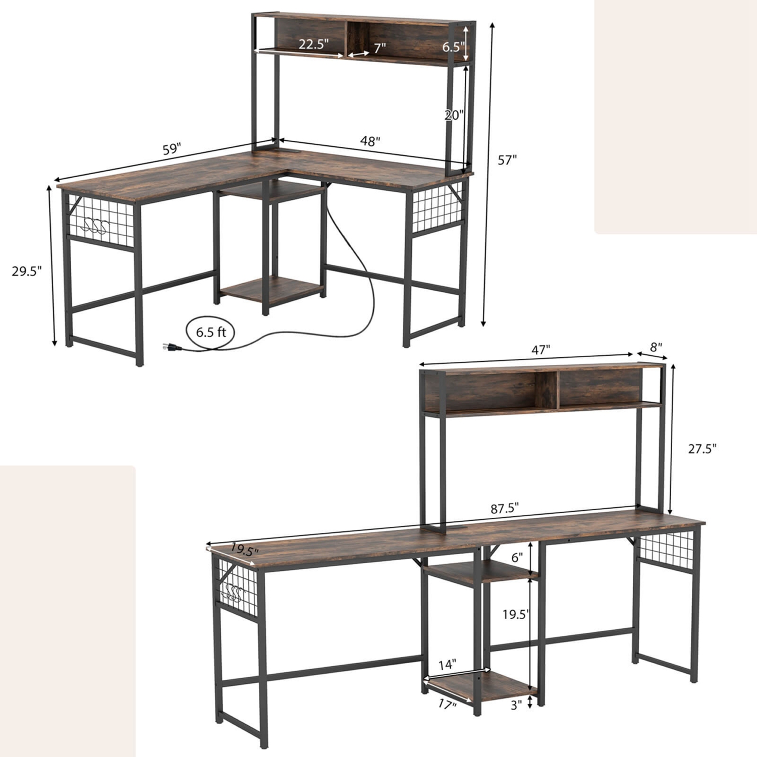 Costway L-shaped Desk with Power Outlet Large Corner Desk Converts to 2-Person Long Desk