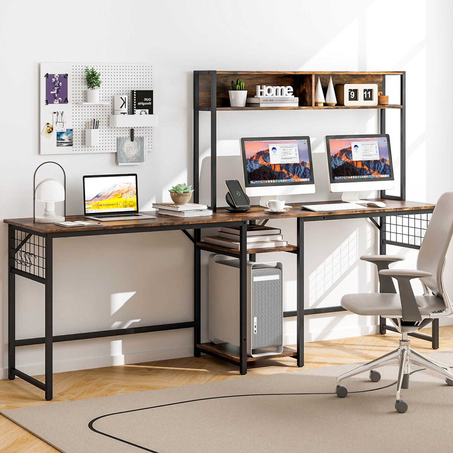 Costway L-shaped Desk with Power Outlet Large Corner Desk Converts to 2-Person Long Desk