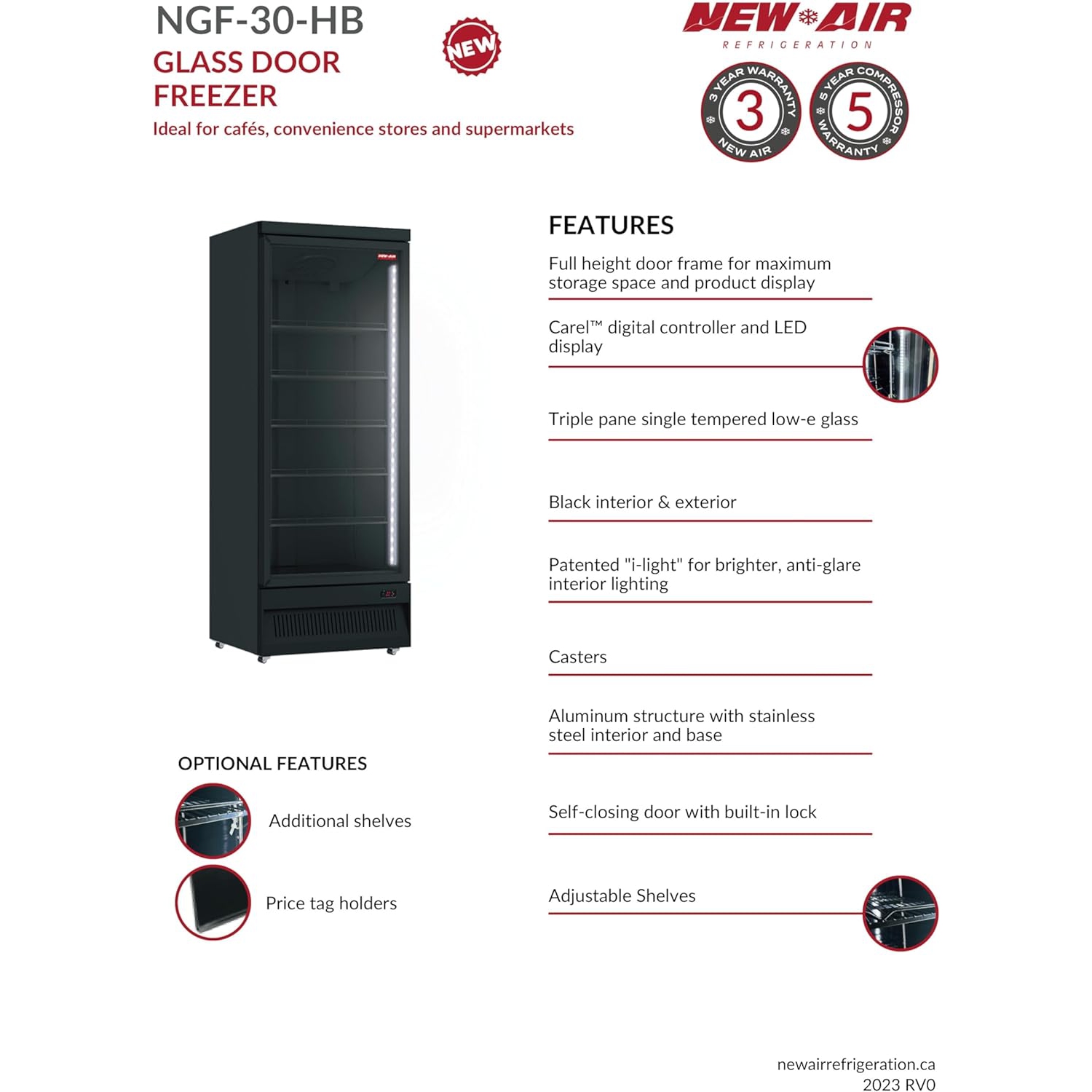 New Air commercial 30 po 20 pi3 avec CONGÉLATEUR porte vitrée - tout noir