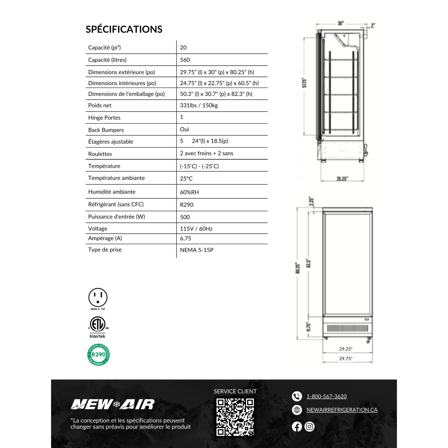 New Air commercial 30 po 20 pi3 avec CONGÉLATEUR porte vitrée - tout noir