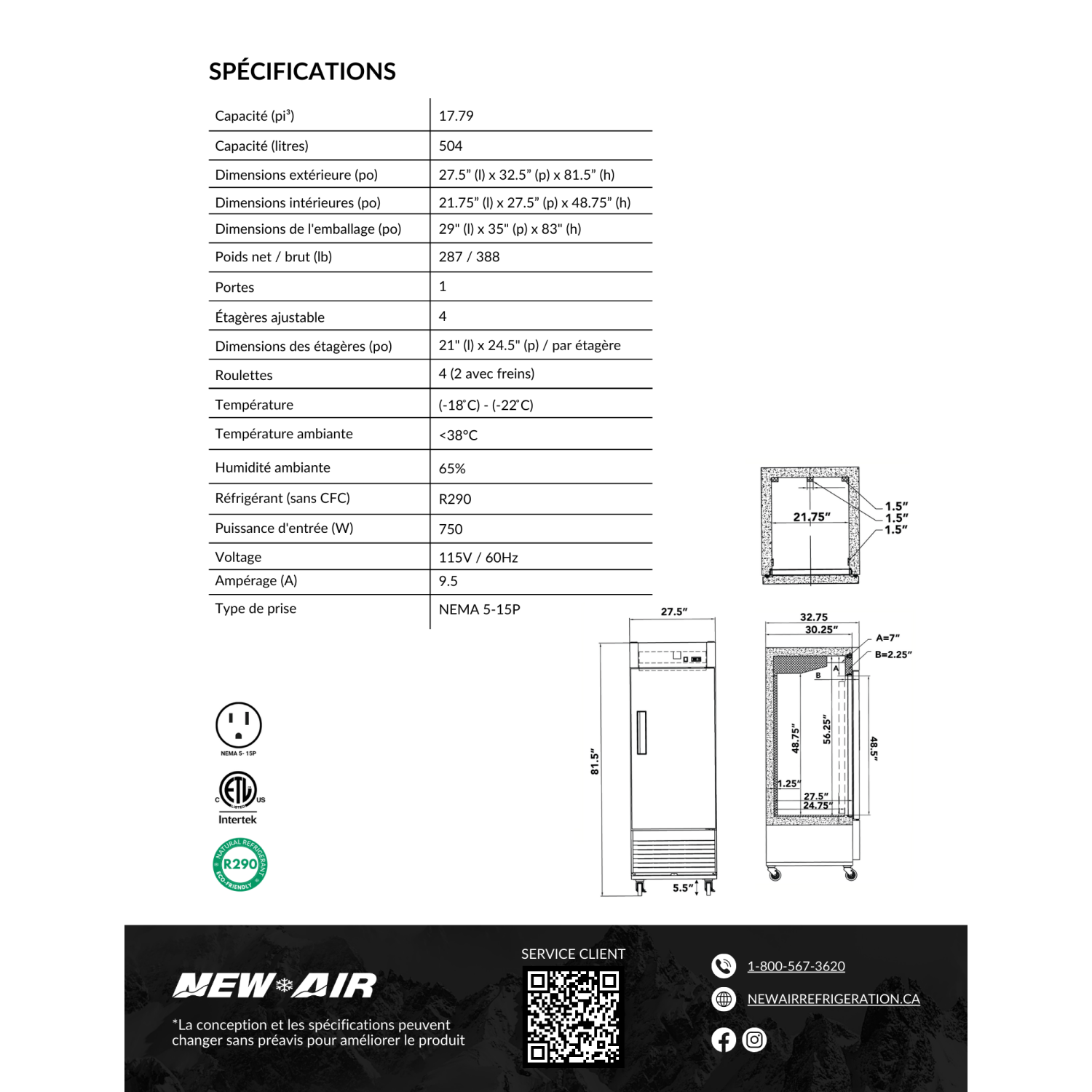 Nouveau Air commercial 27" 17,5 CU. avec CONGÉLATEUR À porte simple - acier inoxydable