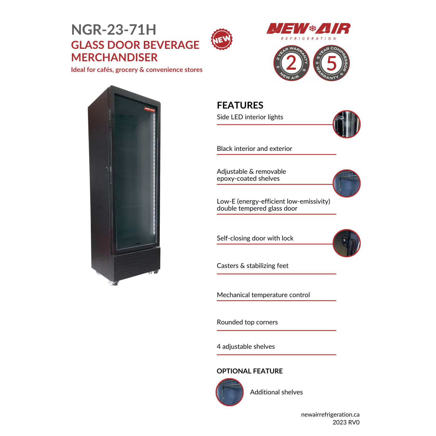 NEW AIR NGR-23-71H Commercial 23" Glass Door Refrigerator Merchandiser - Ideal for Convenience Stores, Front of House, Grocery Stores, Restaurants &