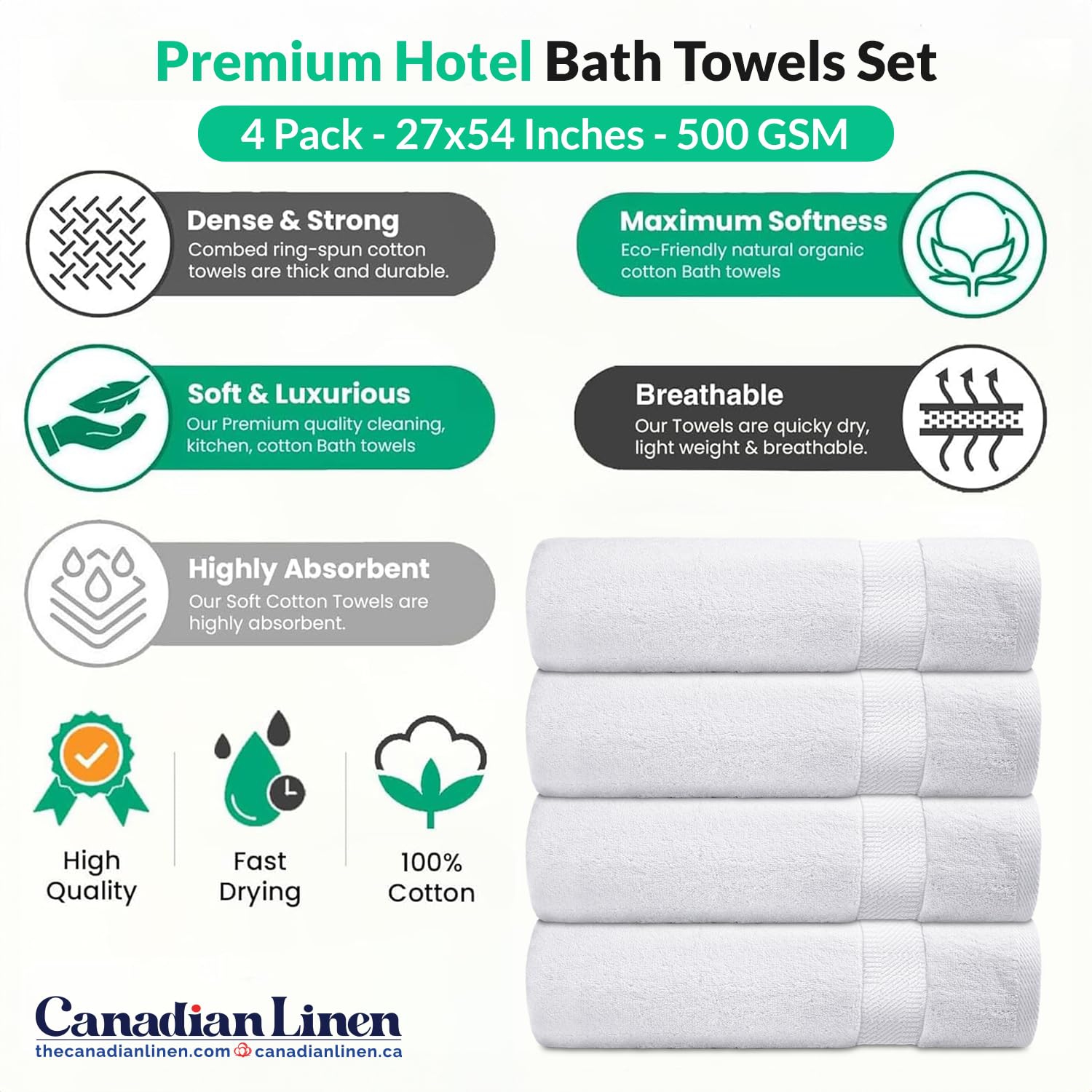 Ensemble de 4 serviettes de bain blanches en lin canadien Cambridge Economy, 27 x x54 po, anneaux doux absorbants, serviettes en coton filé, pour