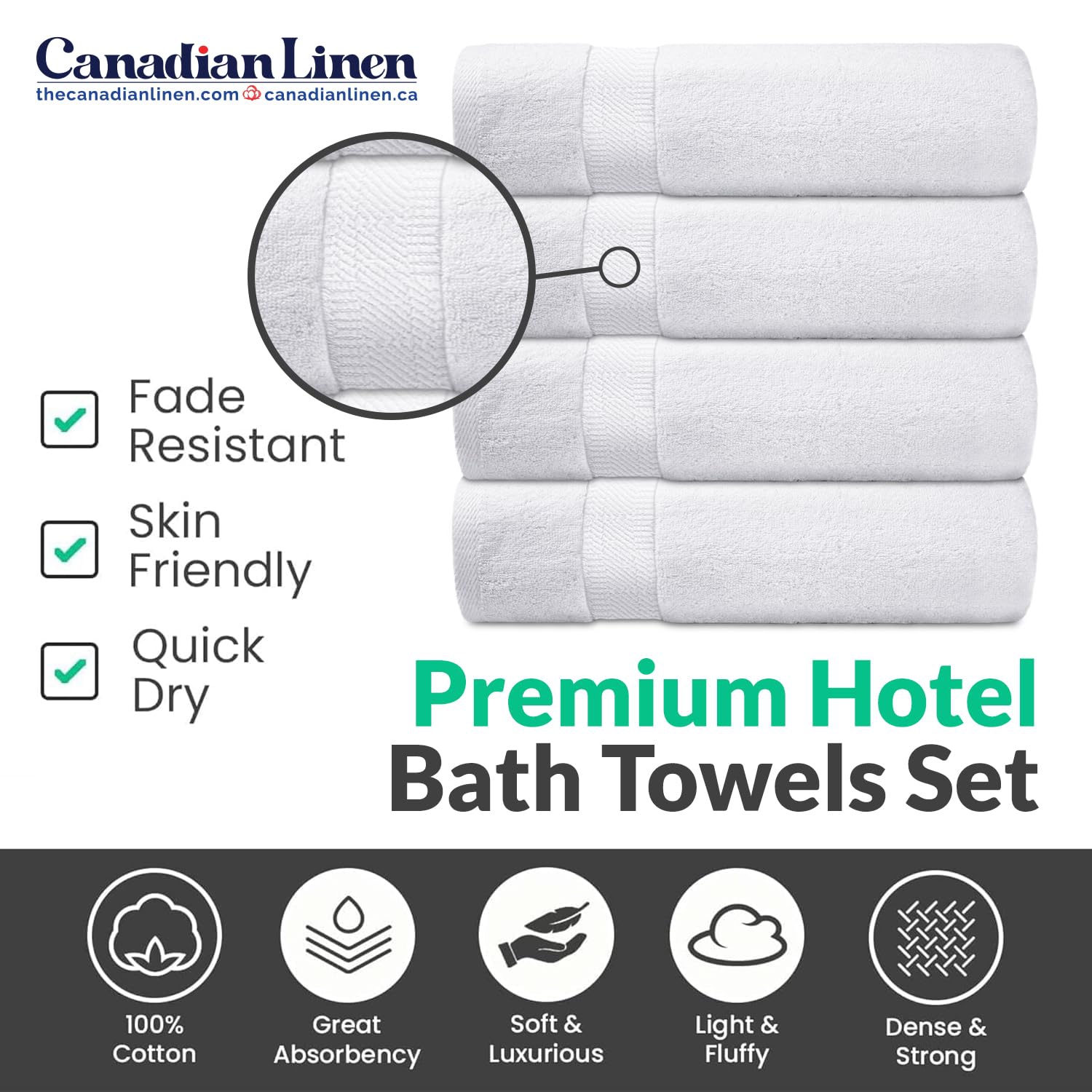 Ensemble de 4 serviettes de bain blanches en lin canadien Cambridge Economy, 27 x x54 po, anneaux doux absorbants, serviettes en coton filé, pour