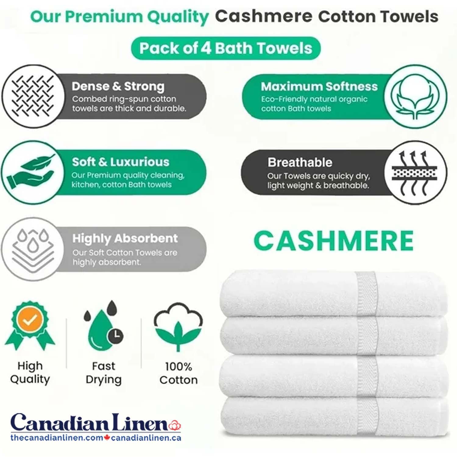 Canadian Linen Cashmere Economy 4 Pack White Bath Towels Set 27"x54" Lightweight Soft Absorbent Ring Spun Cotton Towels for Bathroom Motel Gym Spa