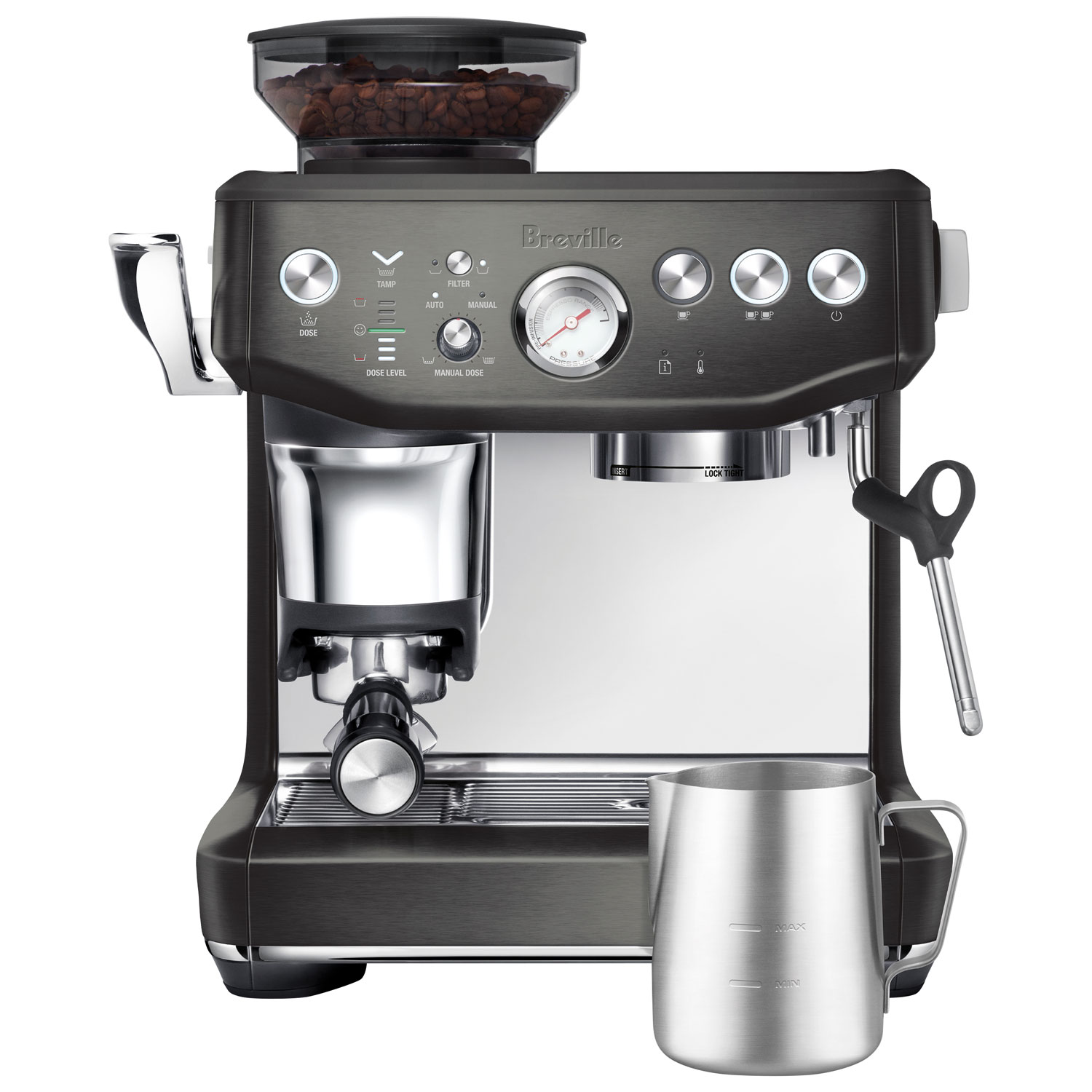 Breville Barista Express Impress Espresso Machine with Frother & Coffee Grinder - Black Stainless Steel