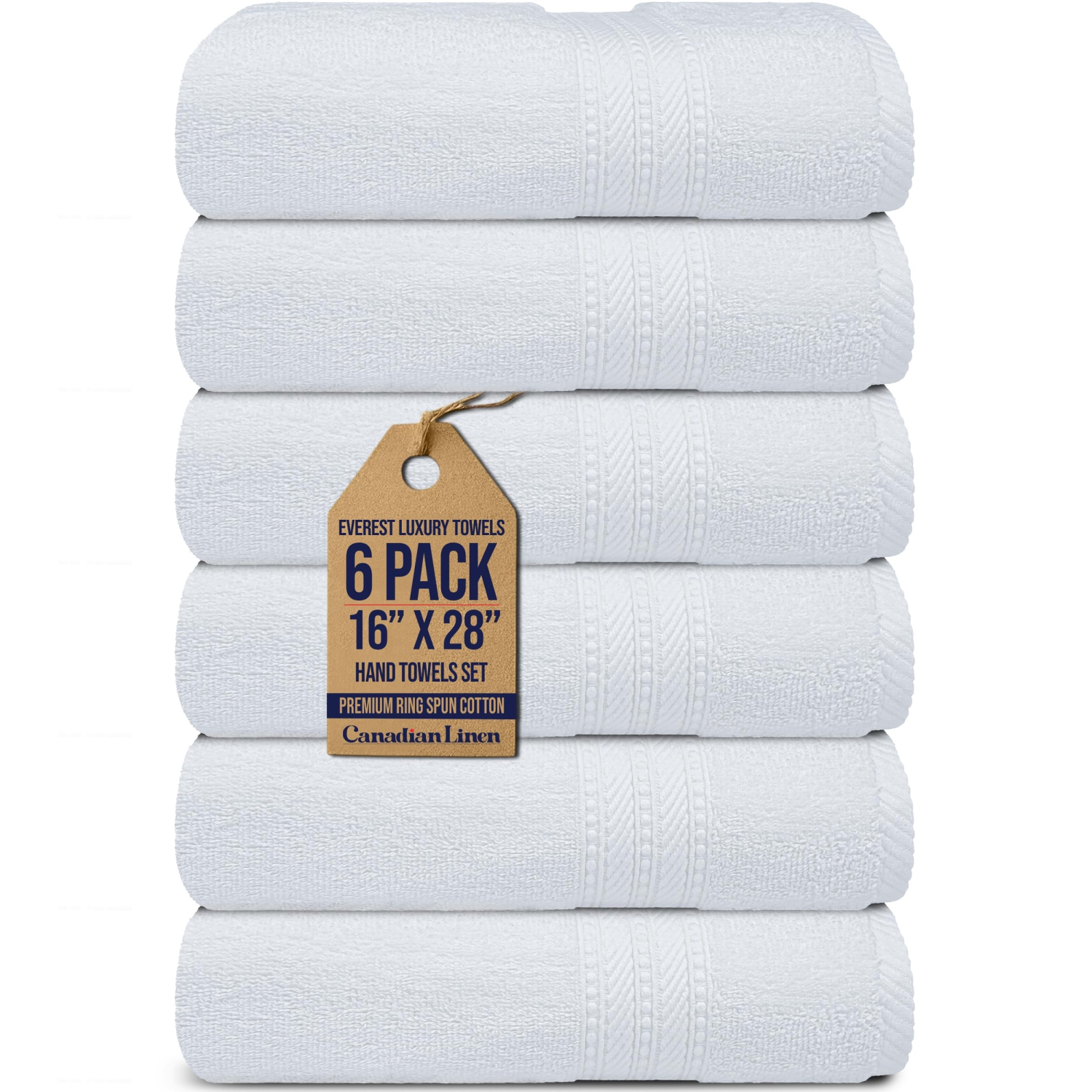 Canadian Linen Luxury Everest Hand Towels, 16”x28”, 6 Pack, Lightweight Quick Dry Soft Absorbent Cotton Home Towels Set for Hotel, Restaurants, White