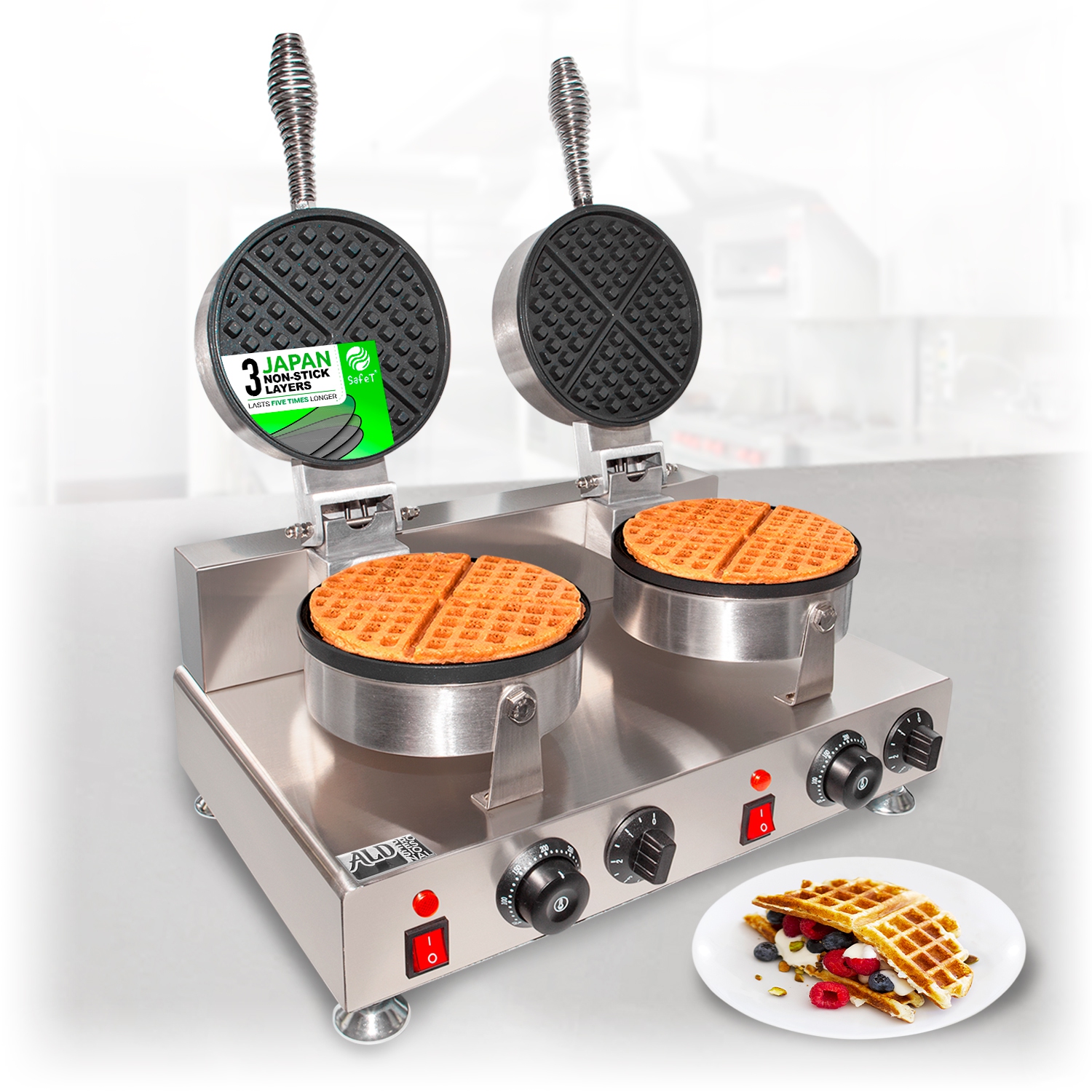 AP-601 Belgian Waffle Maker Thick | Double-Head Waffle Iron and Cone Maker | 2 Round-Shape Waffles | 110V