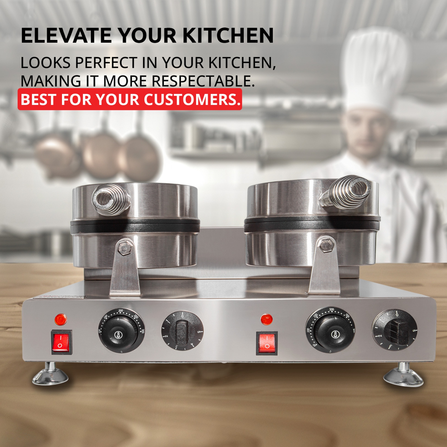 AP-601 Belgian Waffle Maker Thick | Double-Head Waffle Iron and Cone Maker | 2 Round-Shape Waffles | 110V