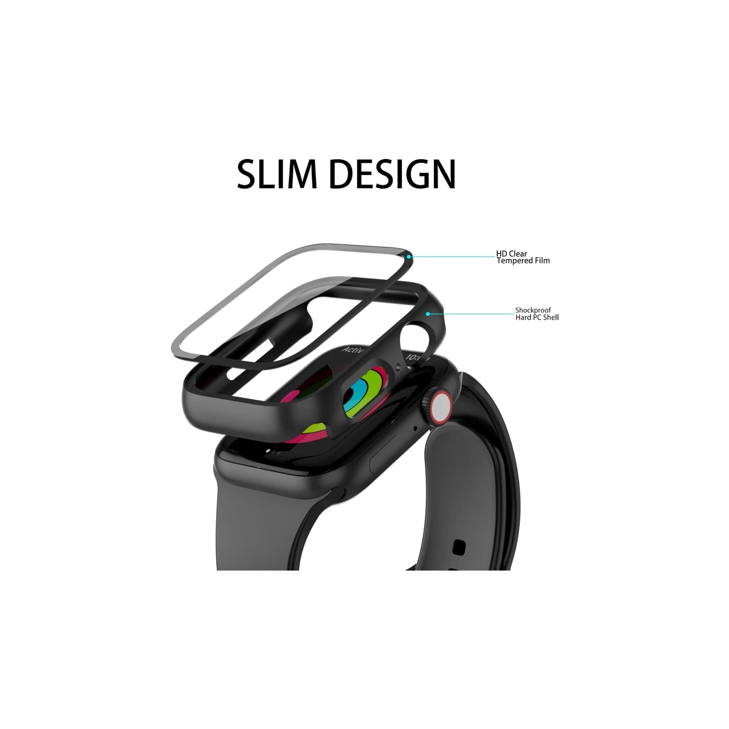 Paquet de 2 étuis pour Apple Watch Series 9/7/8 45&nbsp;mm avec protecteur d'écran en verre trempé 9H - pare-chocs ultramince pour PC, noir