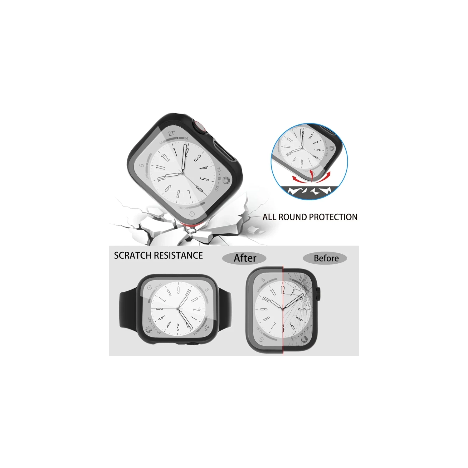 Paquet de 2 étuis pour Apple Watch Series 9/7/8 45&nbsp;mm avec protecteur d'écran en verre trempé 9H - pare-chocs ultramince pour PC, noir