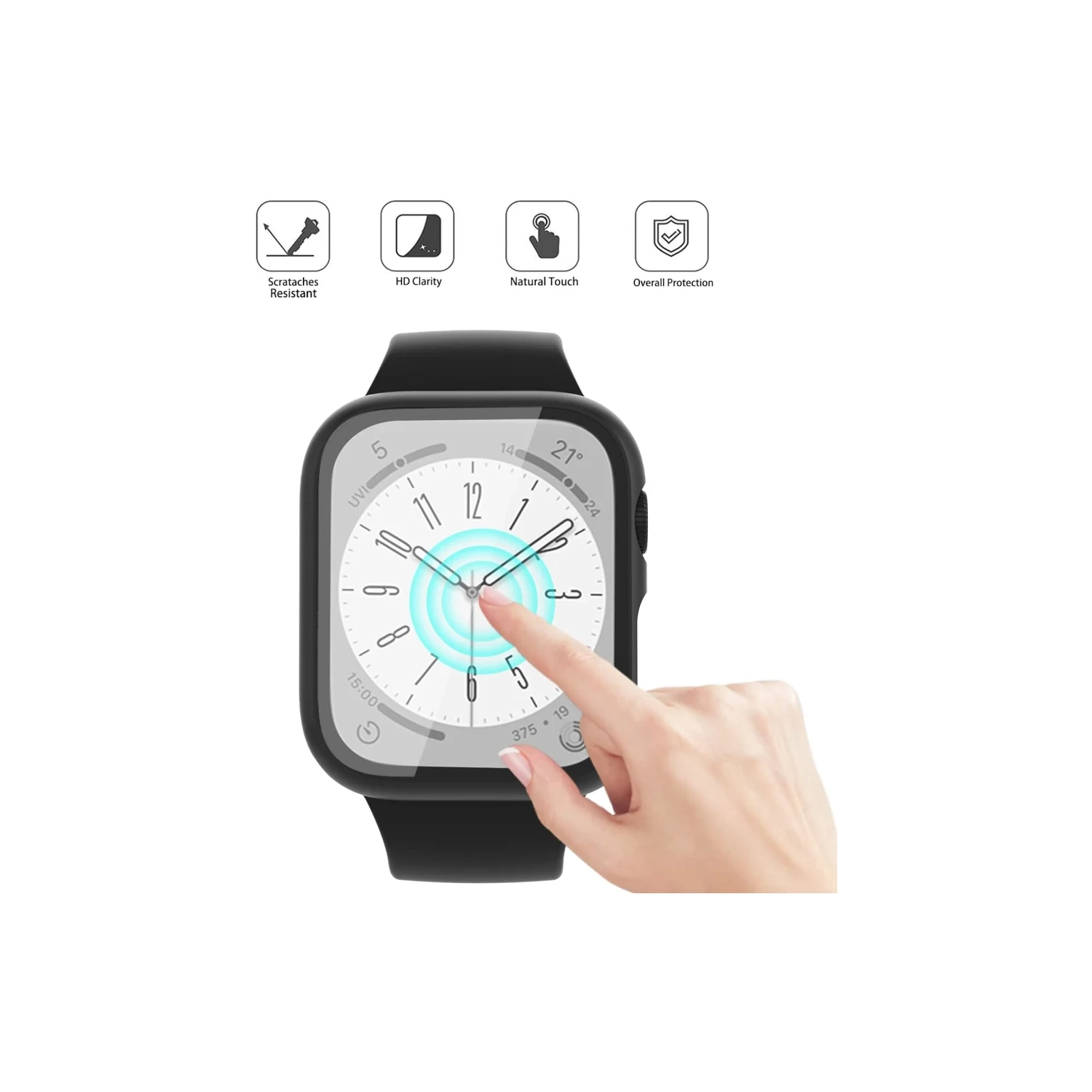 Paquet de 2 étuis pour Apple Watch Series 9/7/8 45&nbsp;mm avec protecteur d'écran en verre trempé 9H - pare-chocs ultramince pour PC, noir