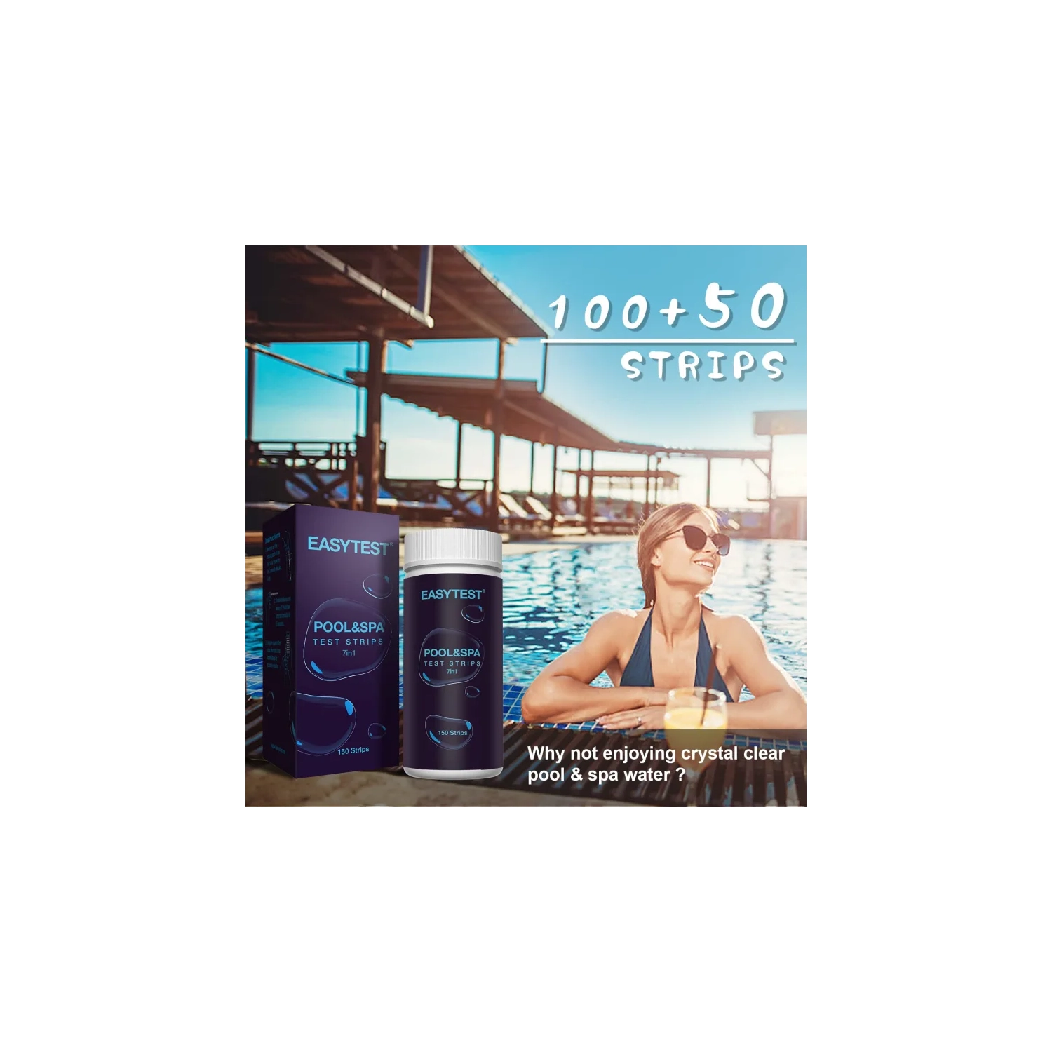 7 Way Pool & Spa Test Strips - 150 Strips for Accurate Water Testing: pH, Bromine, Total Alkalinity, Free Chlorine, Total Chlorine, Total Hardness,