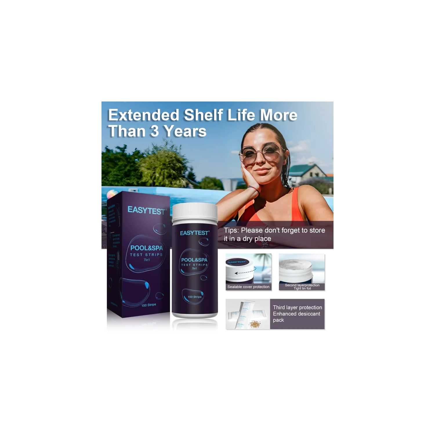 7 Way Pool & Spa Test Strips - 150 Strips for Accurate Water Testing: pH, Bromine, Total Alkalinity, Free Chlorine, Total Chlorine, Total Hardness,