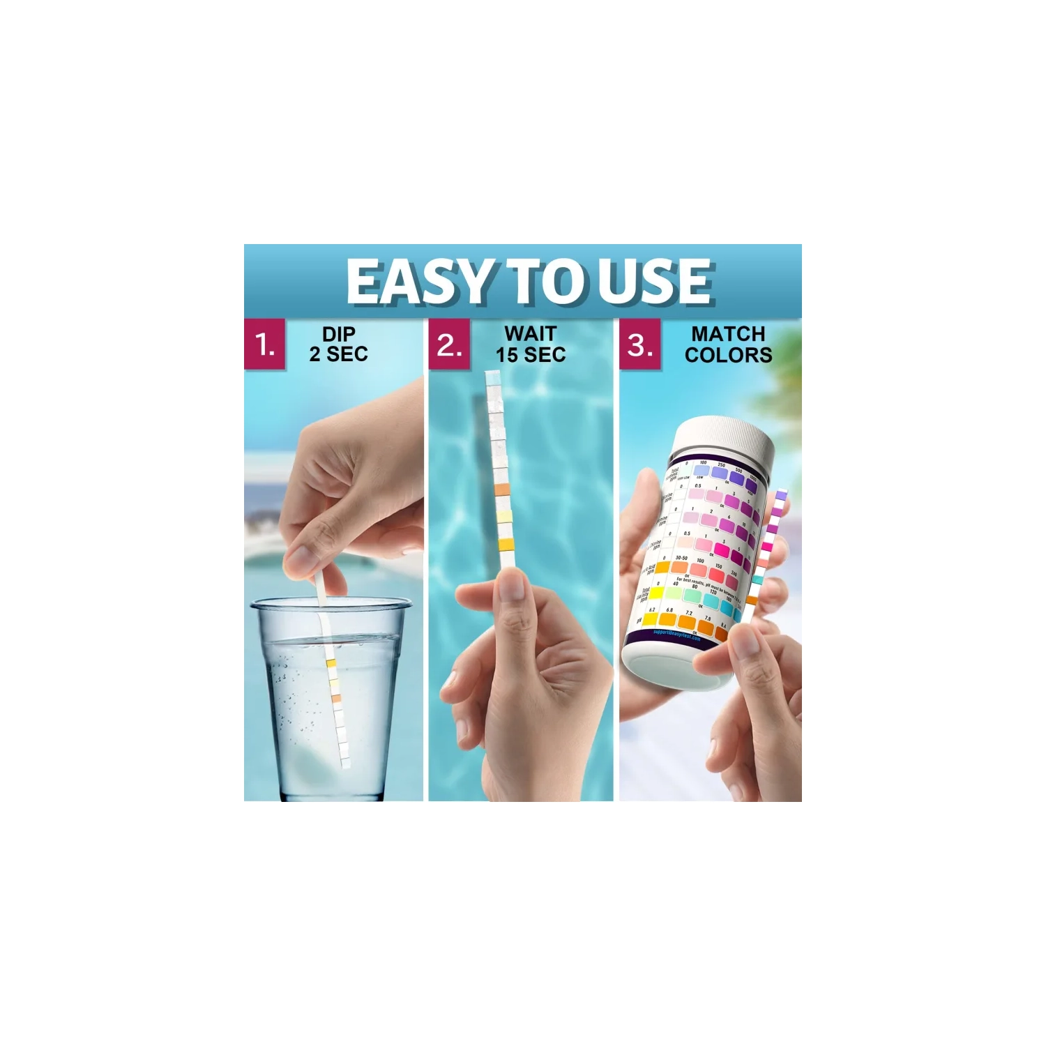 7 Way Pool & Spa Test Strips - 150 Strips for Accurate Water Testing: pH, Bromine, Total Alkalinity, Free Chlorine, Total Chlorine, Total Hardness,