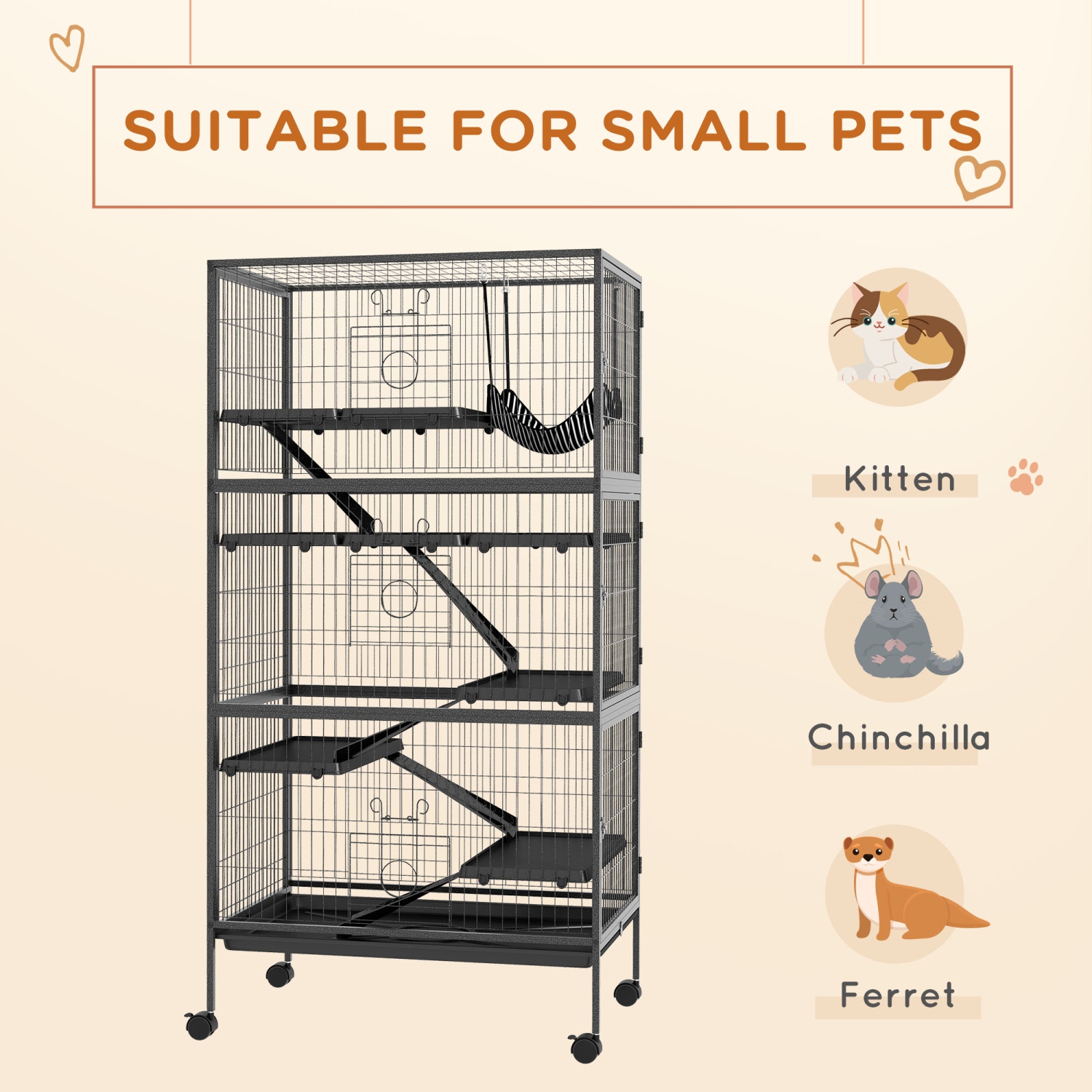 PawHut 63"H 6-Tier Chinchilla Ferret Guinea Pig Cat Cage, Metal Deluxe Animal Critter Nation Cage for Kitten Rabbit, Small Pet House w/ Hammock