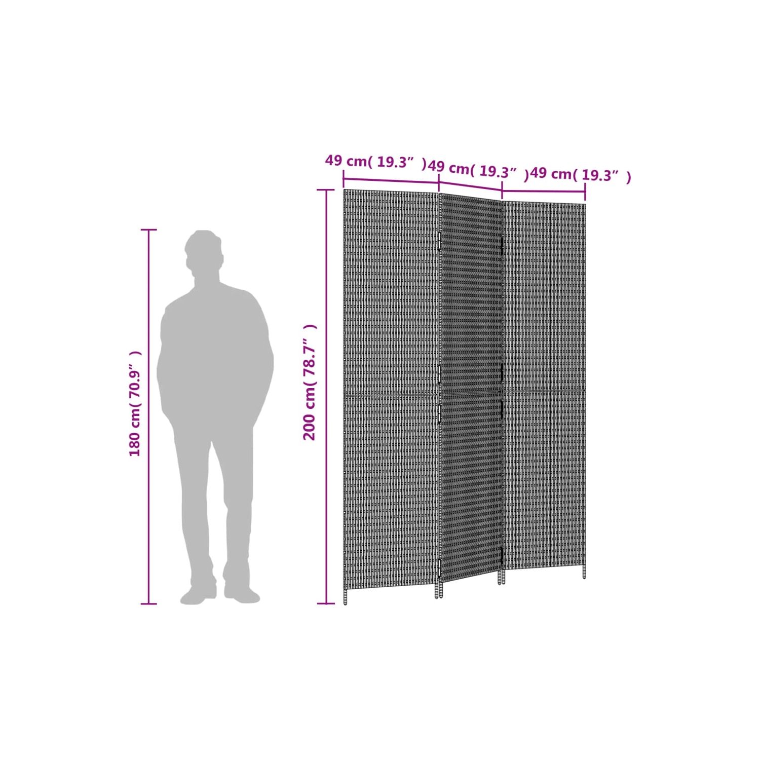 vidaXL Room Divider 3 Panels Black Poly Rattan