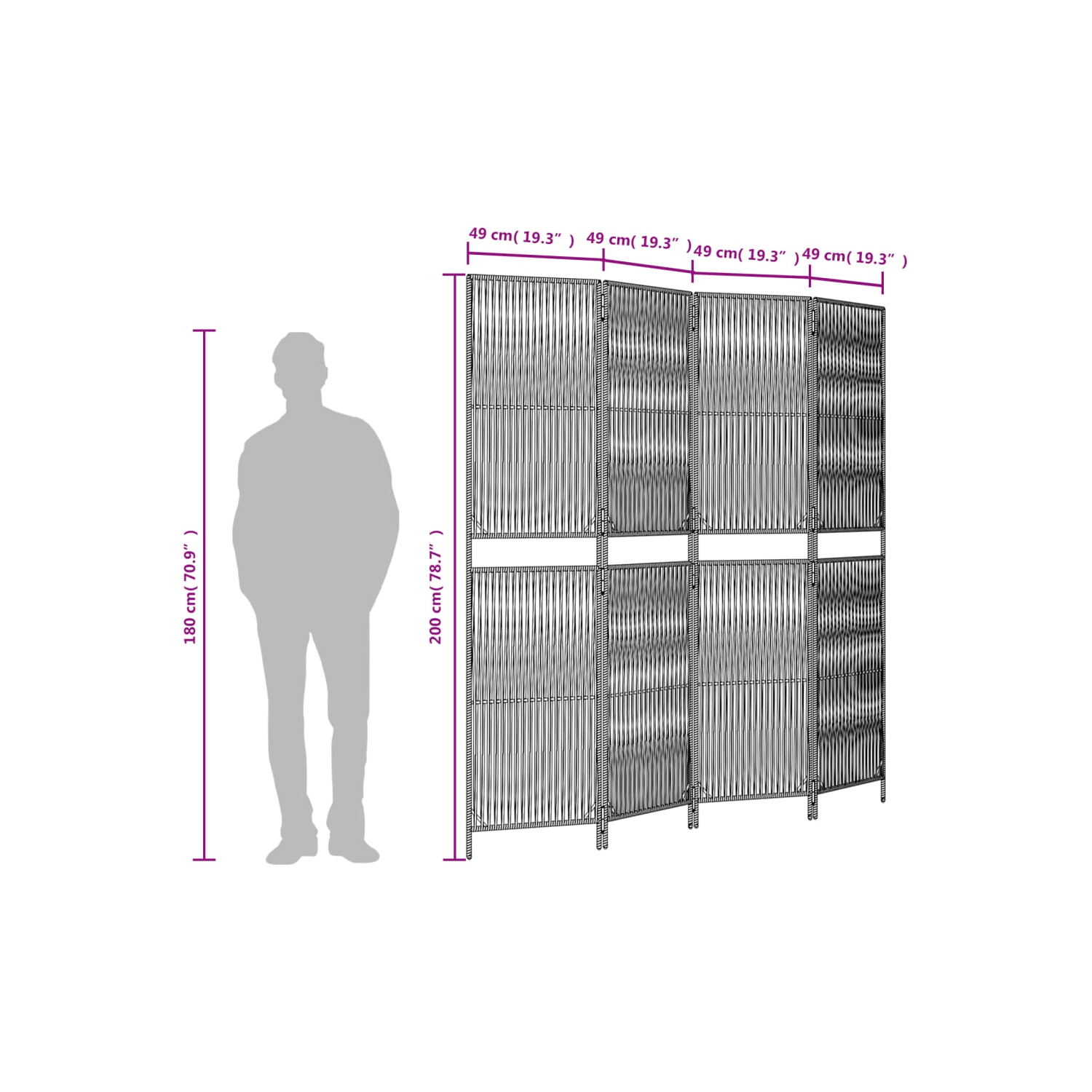 vidaXL Room Divider 4 Panels Grey Poly Rattan