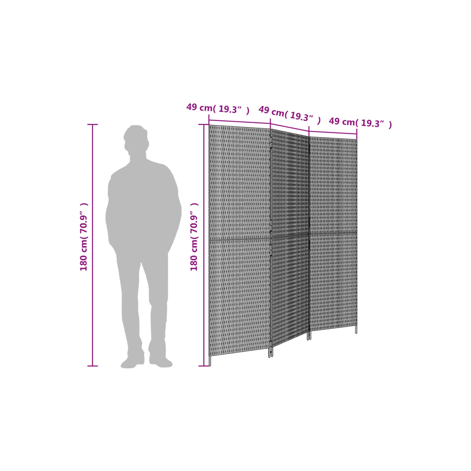 vidaXL Room Divider 3 Panels Black Poly Rattan