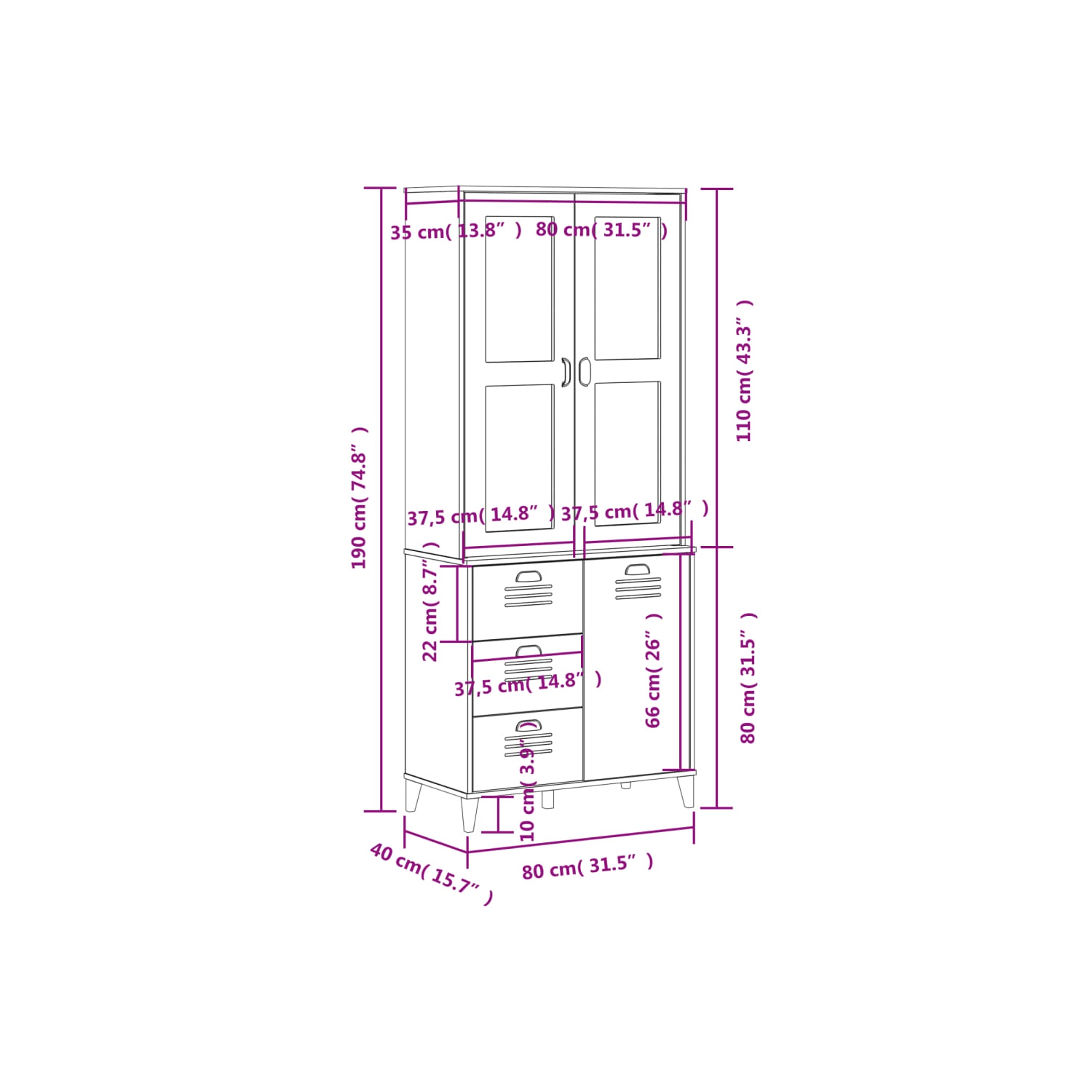 vidaXL Highboard VIKEN Anthracite Grey 80x40x190 cm Solid Wood Pine