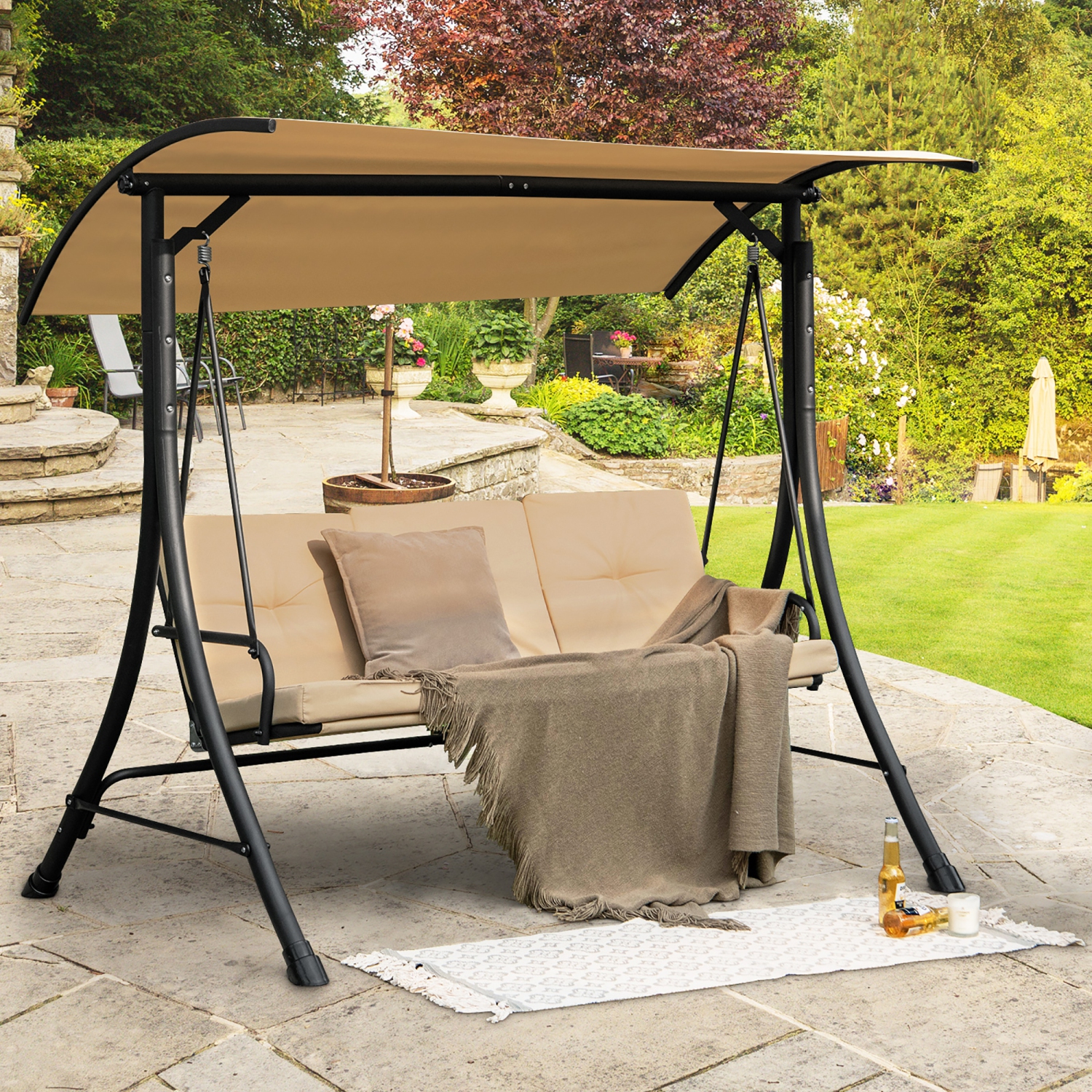 Costway 3-Seat Outdoor Porch Swing Adjustable Canopy Padded Cushions Steel Frame