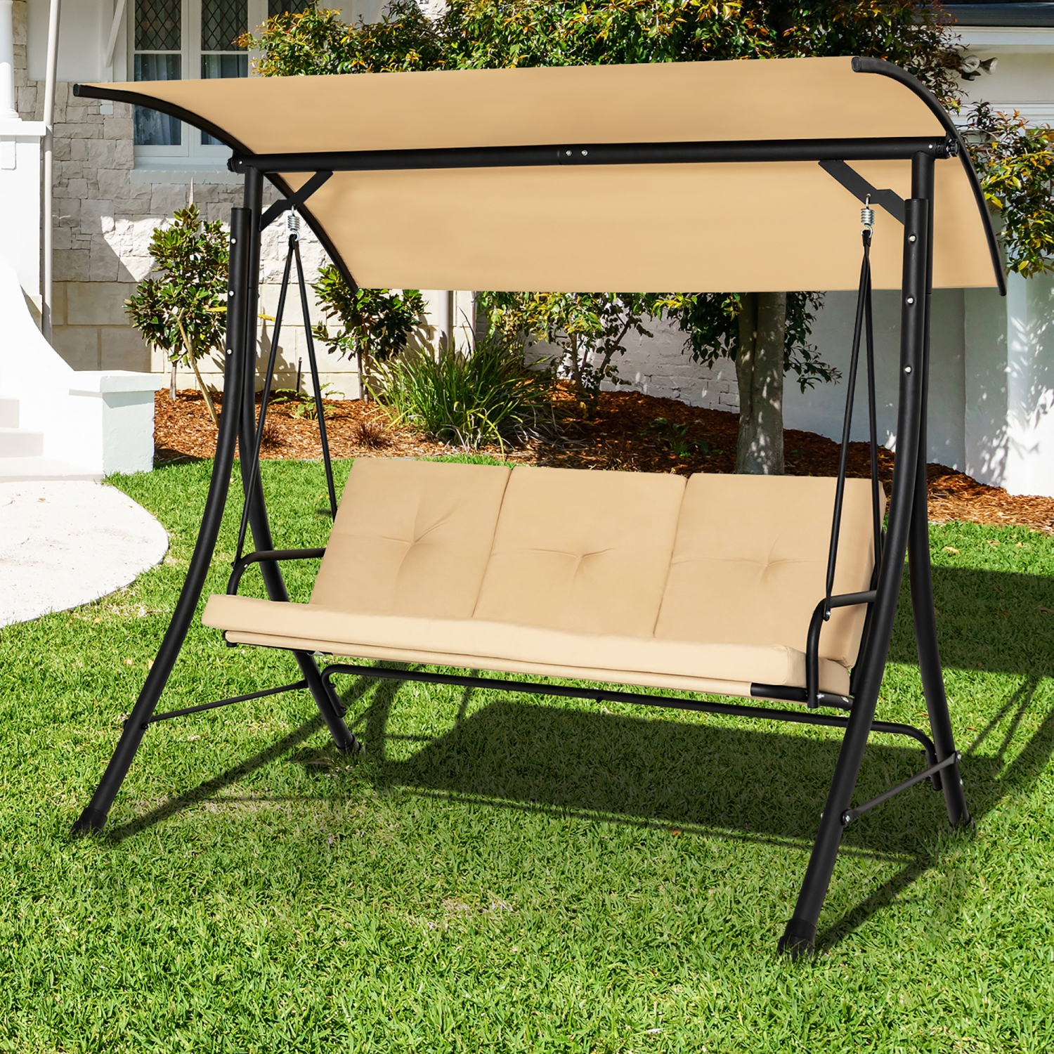 Costway 3-Seat Outdoor Porch Swing Adjustable Canopy Padded Cushions Steel Frame