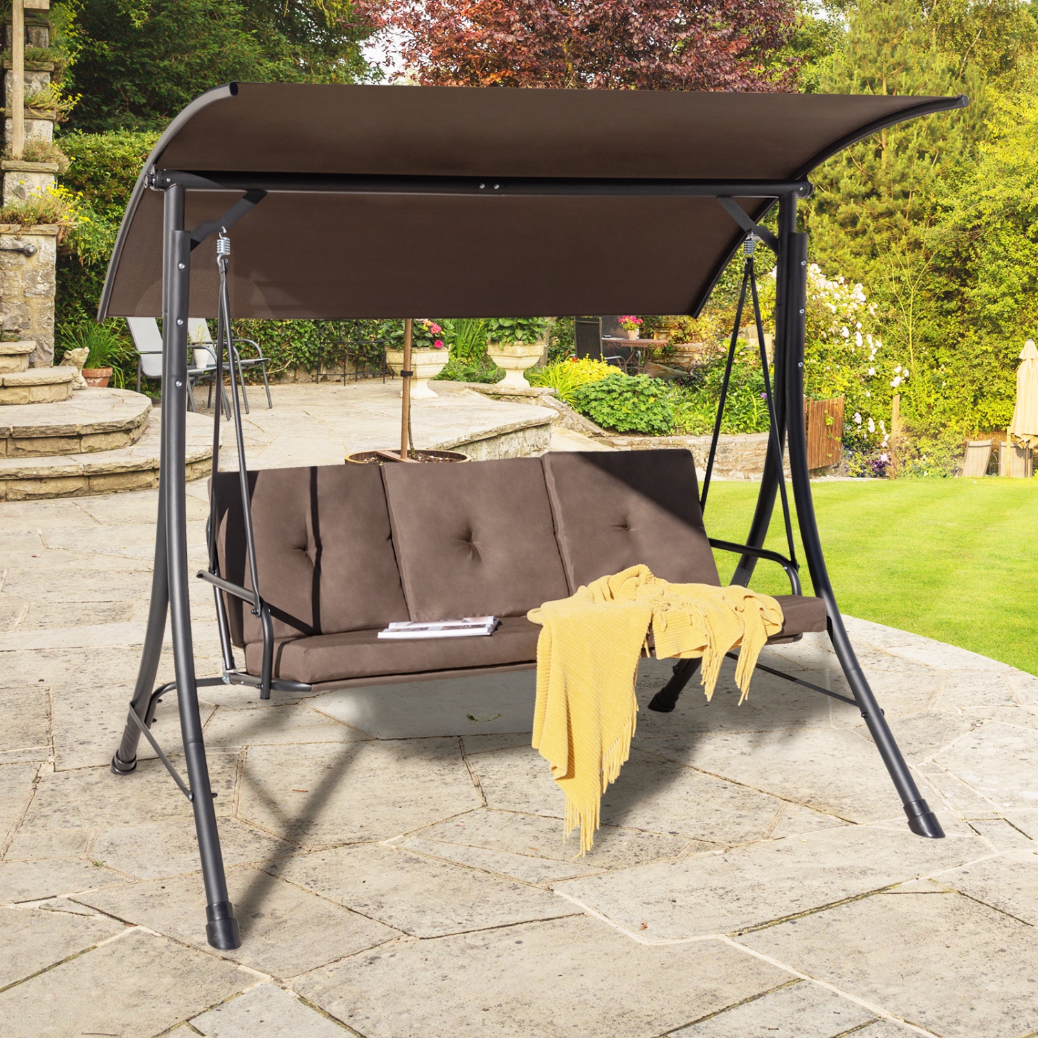 Costway 3-Seat Outdoor Porch Swing Adjustable Canopy Padded Cushions Steel Frame