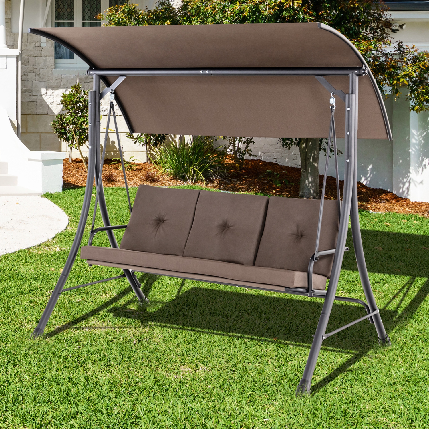 Costway 3-Seat Outdoor Porch Swing Adjustable Canopy Padded Cushions Steel Frame