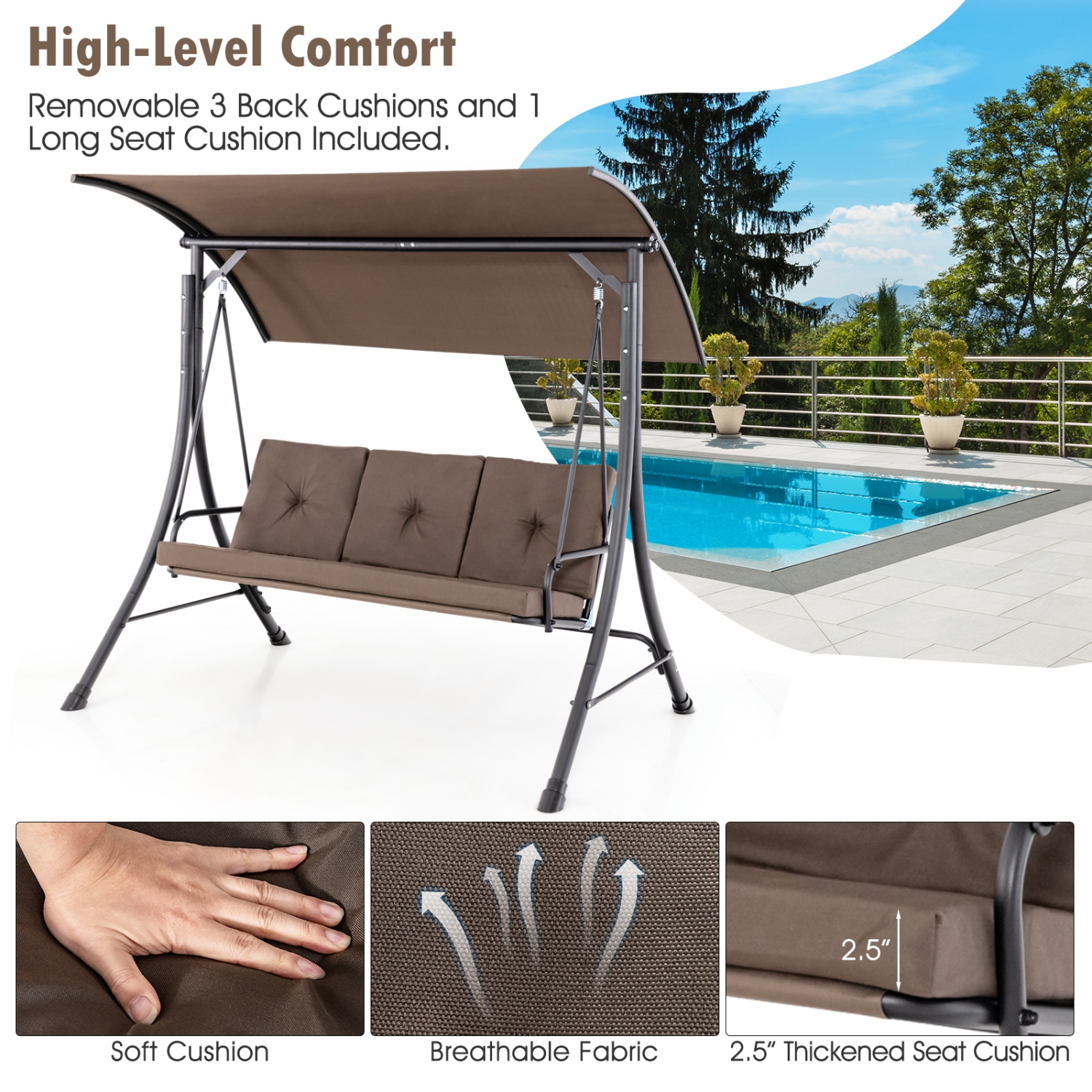 Costway 3-Seat Outdoor Porch Swing Adjustable Canopy Padded Cushions Steel Frame