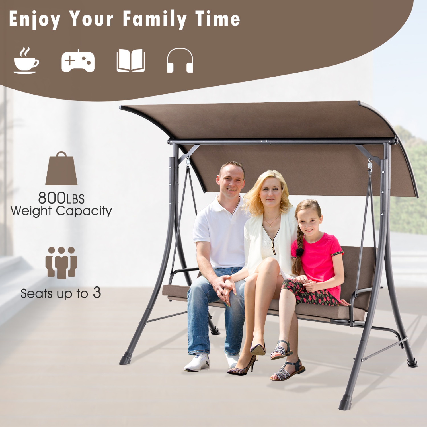 Costway 3-Seat Outdoor Porch Swing Adjustable Canopy Padded Cushions Steel Frame