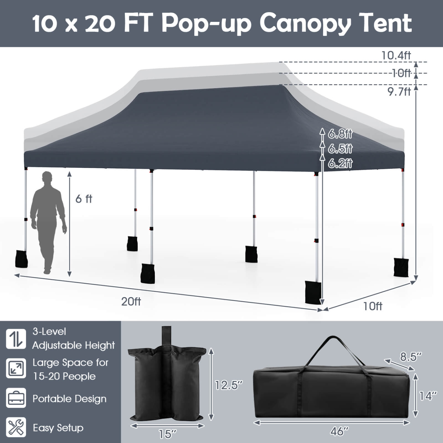 Costway 10 x 20 FT Pop-up Canopy UPF50+ Sun Protection Tent with Carrying Bag