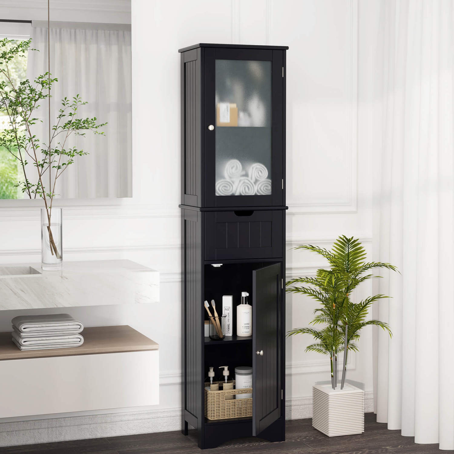 Costway Bathroom Tall Cabinet Freestanding Linen Tower with Doors & Drawer