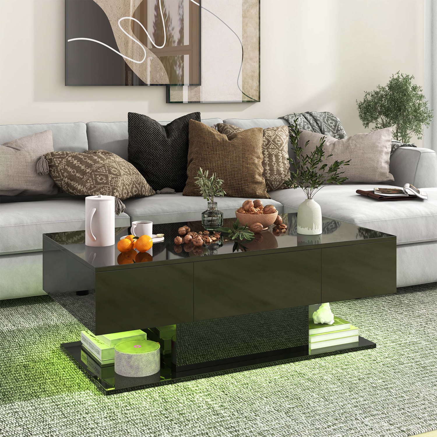 Costway LED Coffee Table with 2 Drawers 20-Color Dimmable LED Lights & Remote Control
