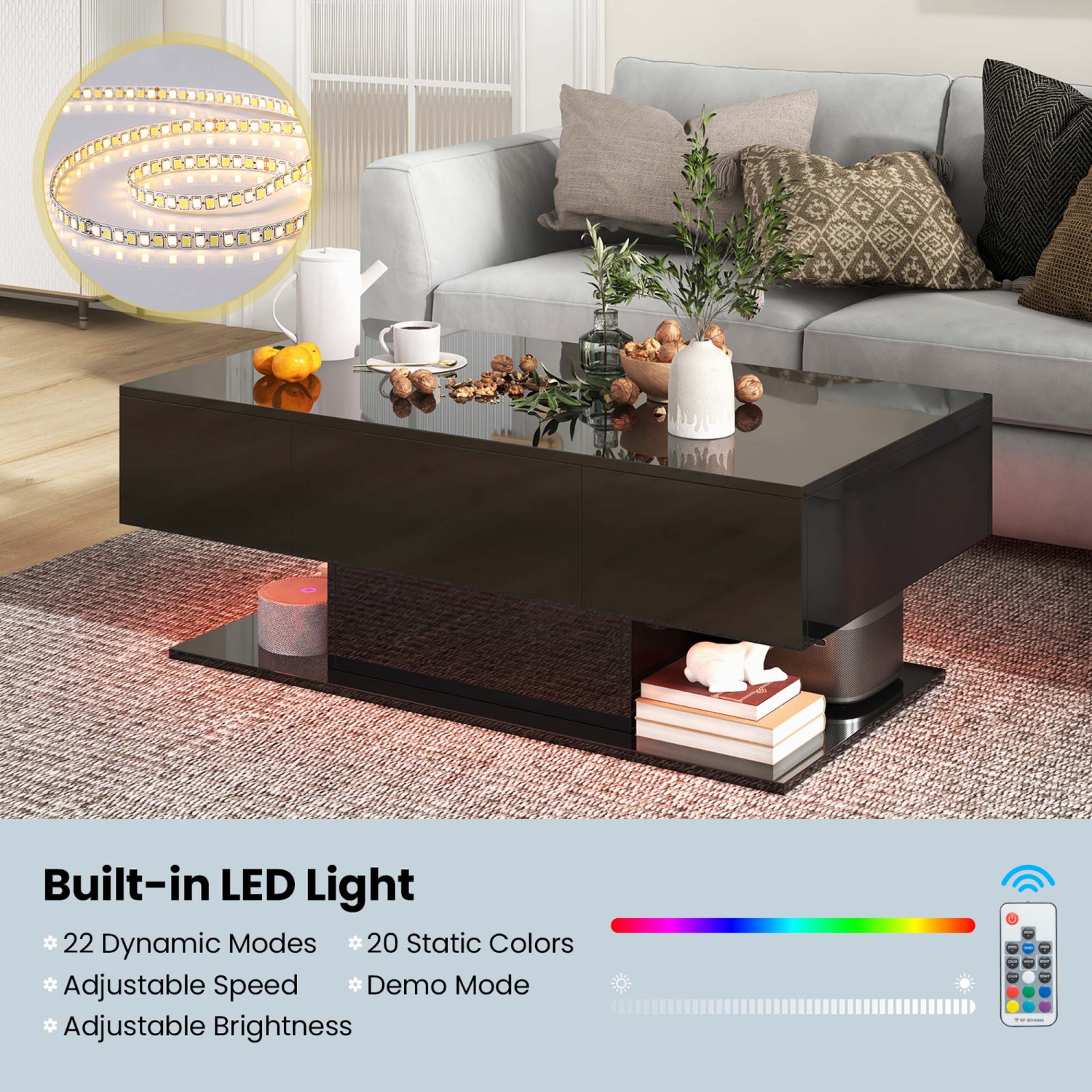 Costway LED Coffee Table with 2 Drawers 20-Color Dimmable LED Lights & Remote Control