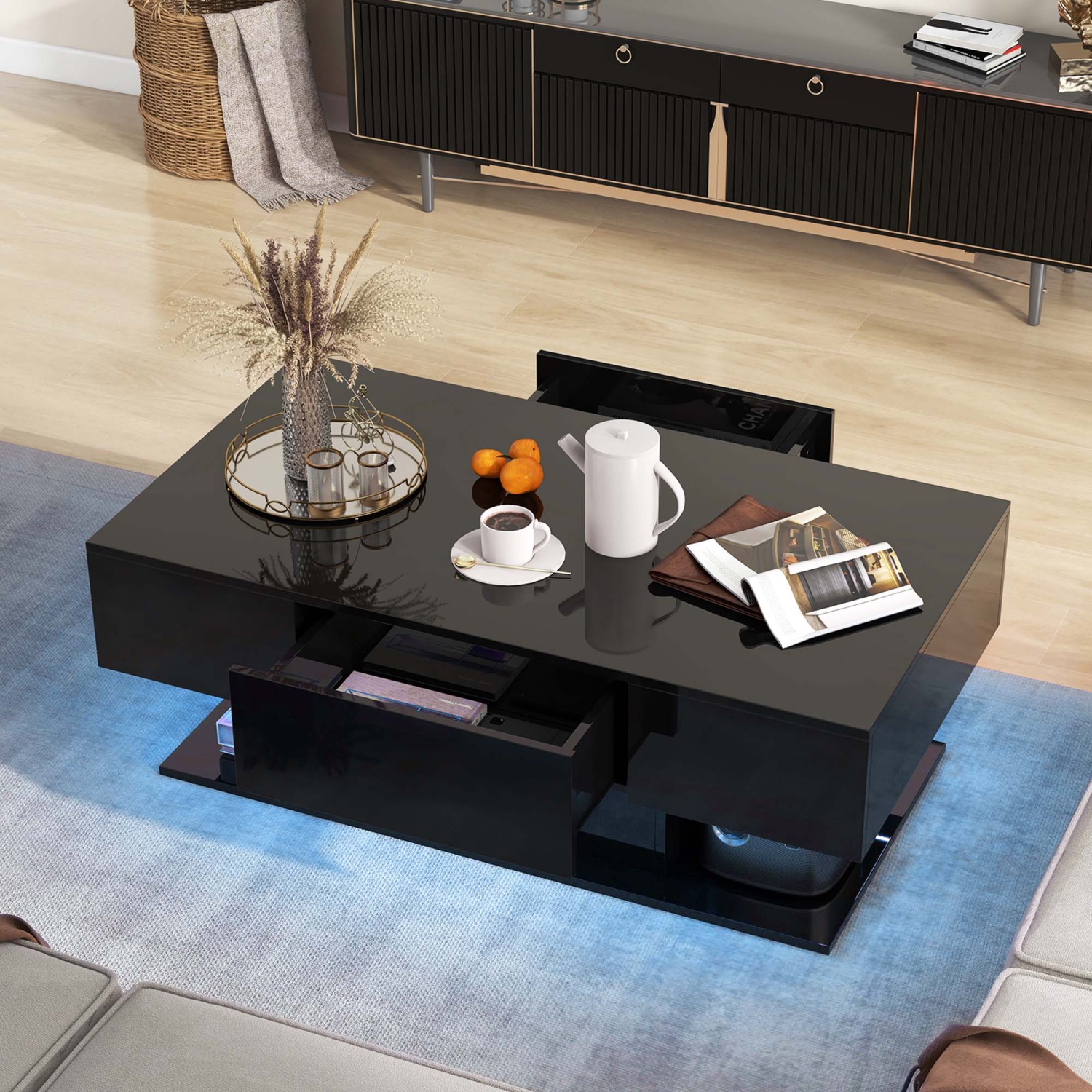 Costway LED Coffee Table with 2 Drawers 20-Color Dimmable LED Lights & Remote Control