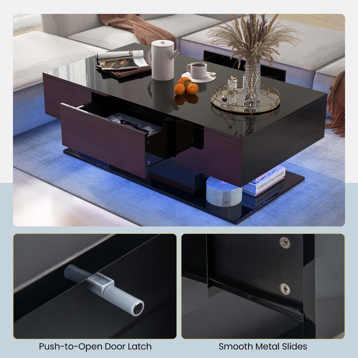 Costway LED Coffee Table with 2 Drawers 20-Color Dimmable LED Lights & Remote Control
