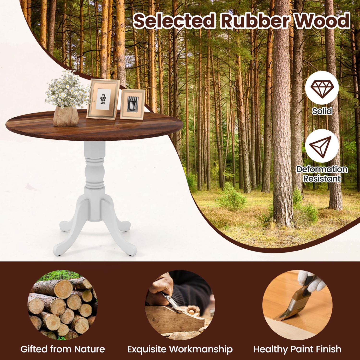 Costway Rustic Dining Table Wooden Dining Table with Round Tabletop & Curved Trestle Legs